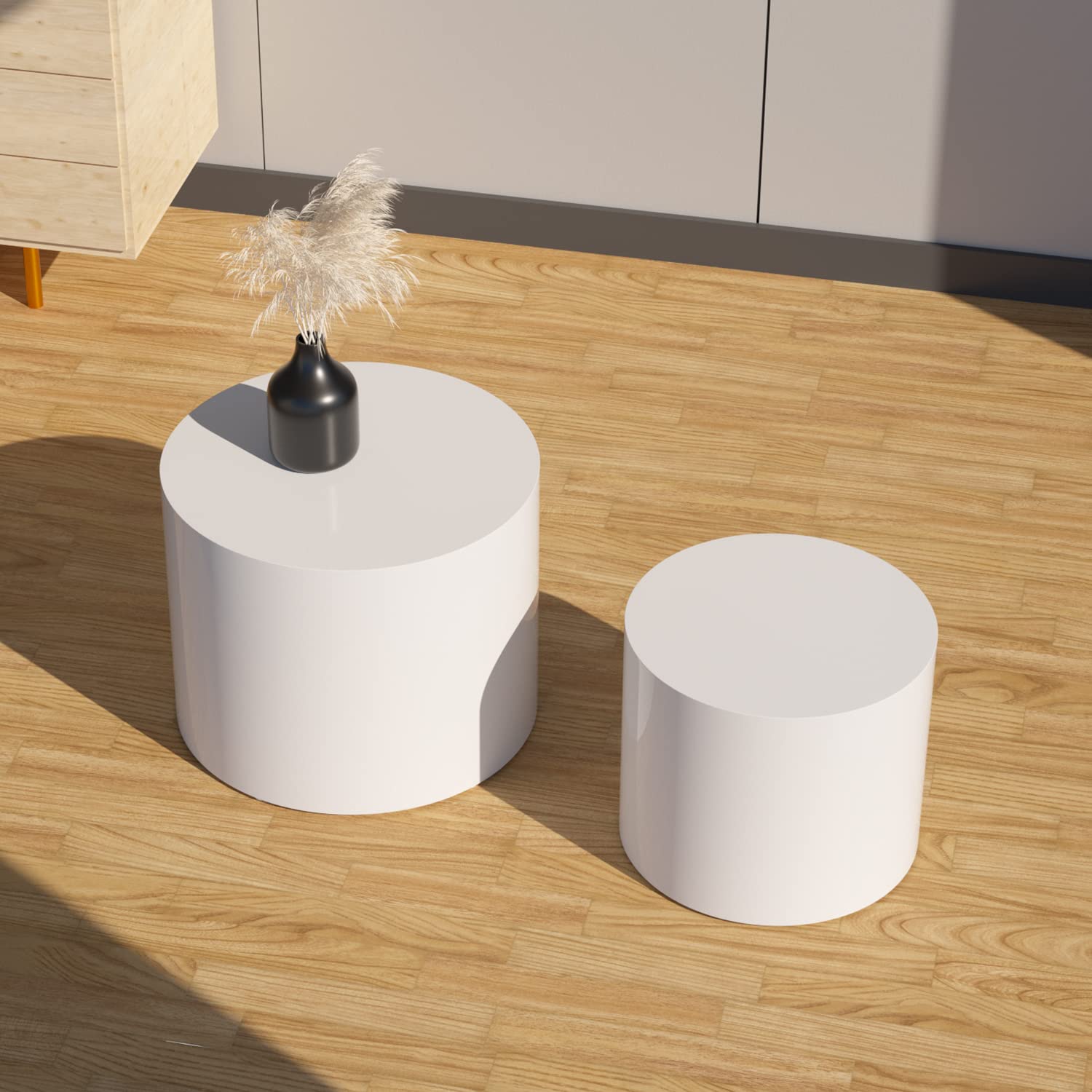 Kevinplus Small White Coffee Table & Nesting End Table Set of 2 - Solid Wood Round Side Tables for Living Room, Bedroom & Office - No Assembly Required (White) - Perfect for Small Spaces, Apartment Decor & Coffee Station Setup