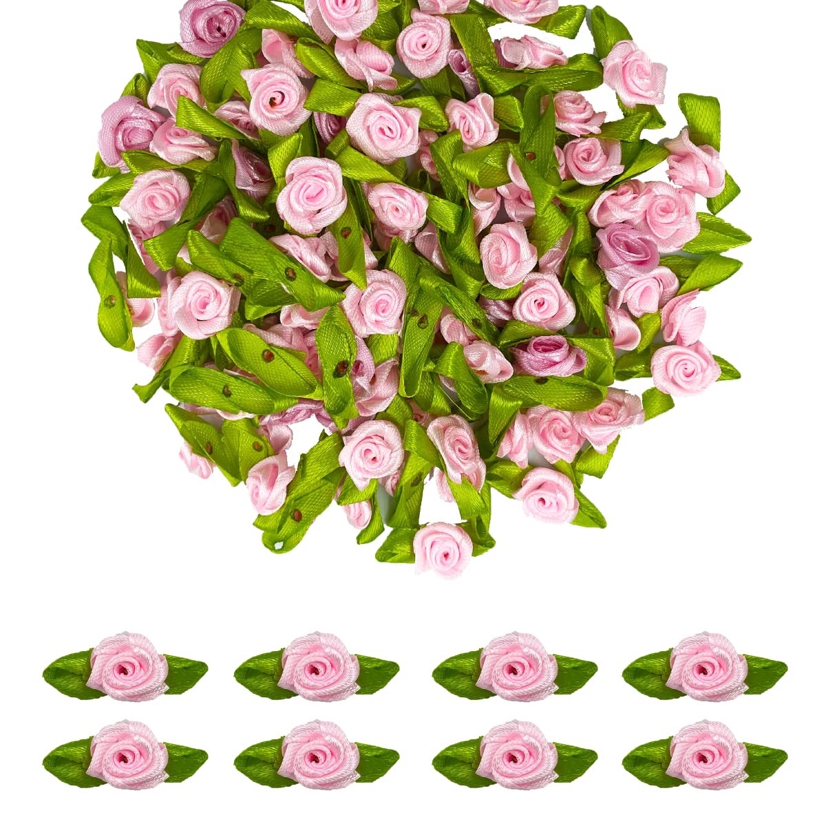 100Pcs Mini Ribbon Roses Artificial Flowers with Green Leaves - Mixed Color Rosettes for DIY Crafts, Sewing, Wedding Decorations & Festival Accessories (Pink) | Perfect for Bouquets, Gift Wrapping, Hair Clips & Home Decor