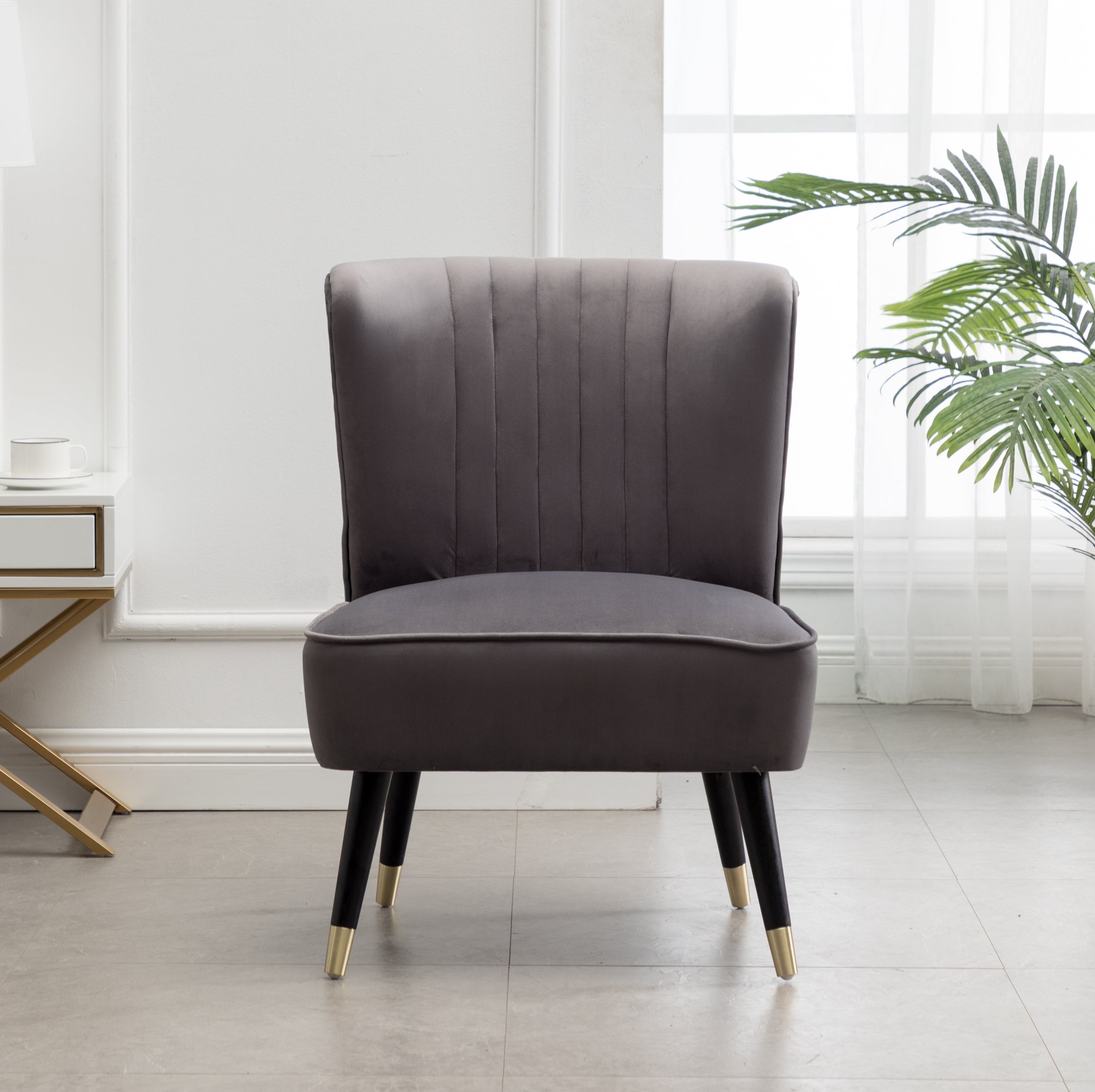 Elon Contemporary Velvet Upholstered Accent Chair by Roundhill Furniture - Modern Gray Lounge Chair for Living Room, Bedroom & Office Decor