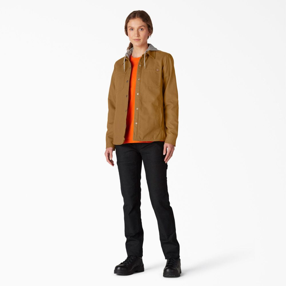 Dickies Women's Duck Hooded Shirt Jacket - Brown FJ077 | Water-Resistant Workwear for Outdoor Activities & Casual Wear