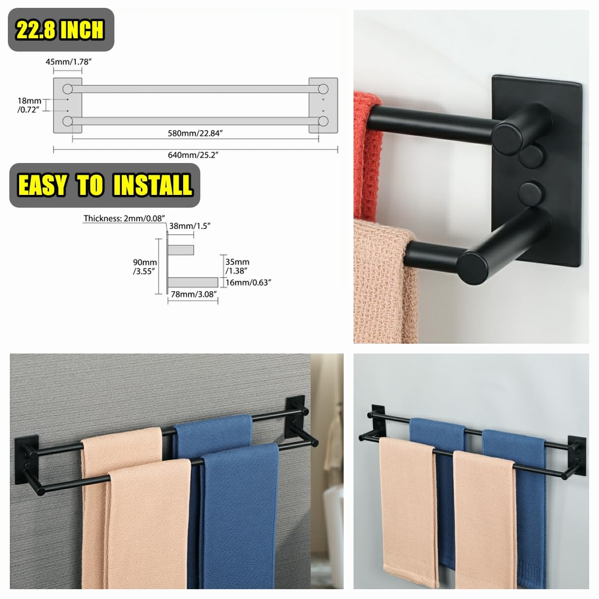 24 Inch Stainless Steel Towel Bar - Matte Black Bathroom Towel Rack with Wall Mount (Self-Adhesive & Screw-in) - Durable SUS304 Towel Holder for Bath, Lavatory & Shower Organization