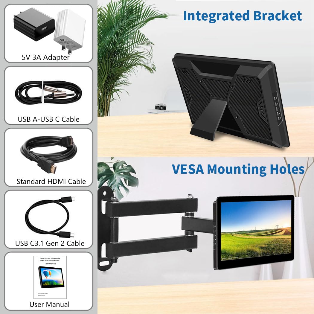 8.9 Inch Touch Screen Monitor with Stand - Full HD 1920x1200 Resolution, 16:10 Aspect Ratio, 450 Nits Brightness, Optical Bonding Technology, HDMI & USB-C Ports - Compact Display for Mini PC, Laptop, Mac Mini - Perfect for Office Work, Gaming & Digital Signage