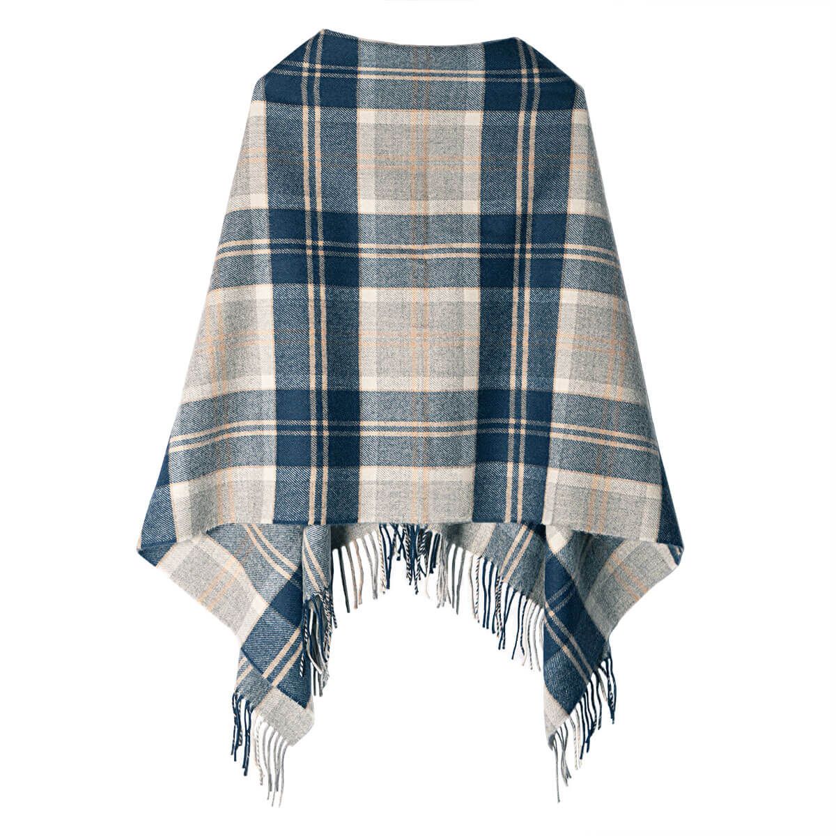 Georgia Bannockbane Grey Tartan Lambswool Poncho - Warm Wool Wrap Shawl for Women - Perfect for Fall, Winter & Outdoor Activities