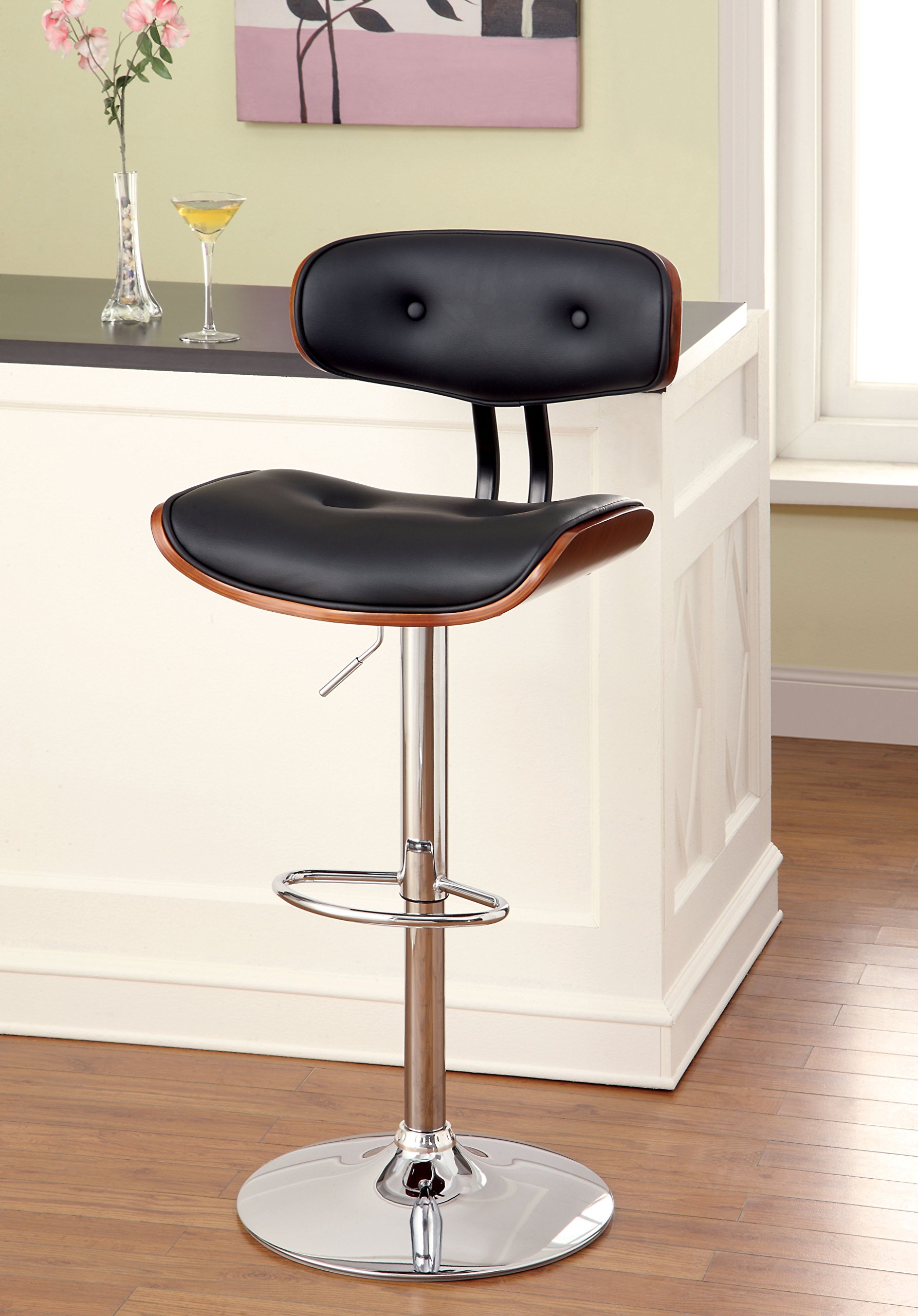 Furniture of America Mikkeli Leatherette Swivel Bar Stool - Black Leather-Like Adjustable Height Counter Stool for Kitchen Island, Bar & Dining Room