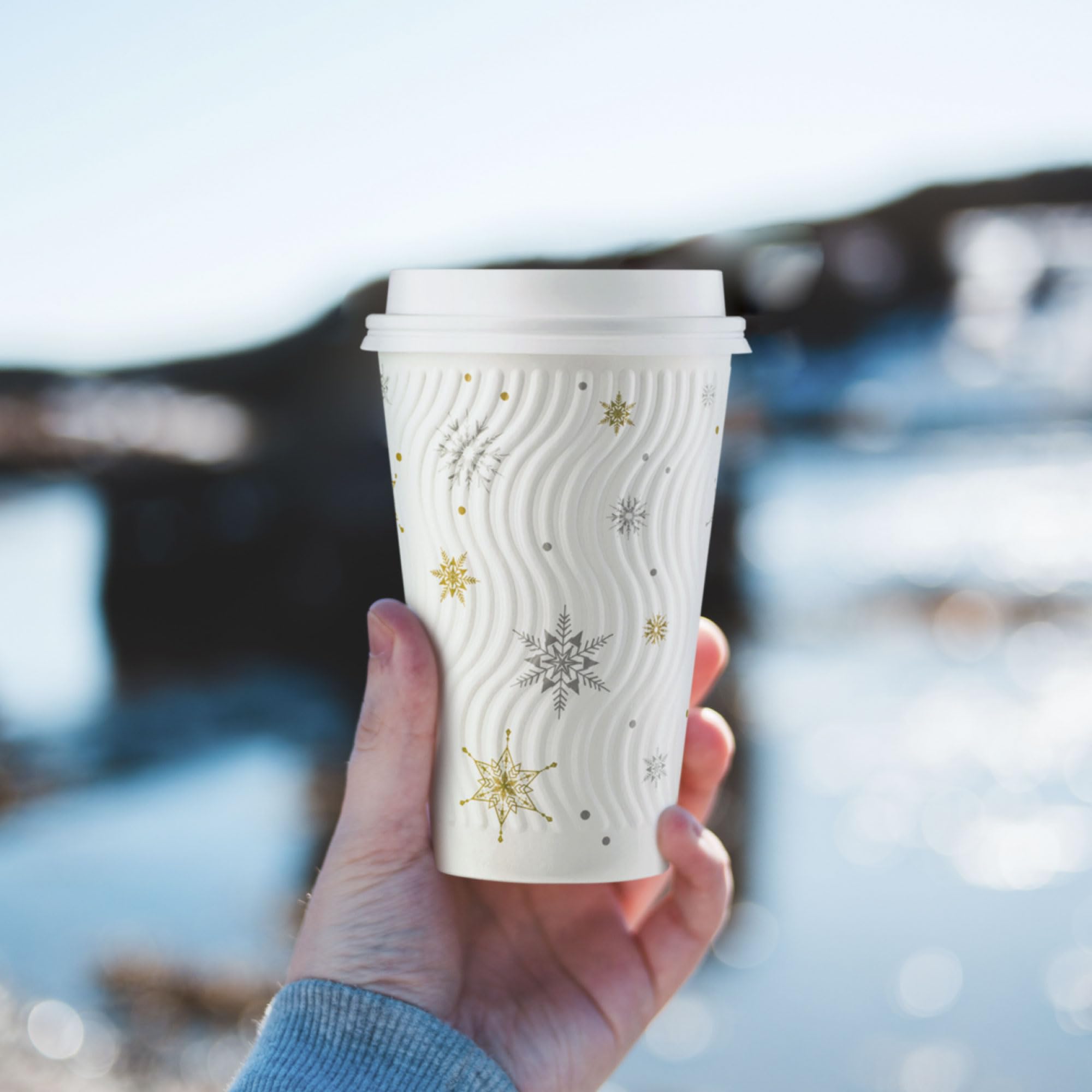 [400 SET] 16 oz Christmas Coffee Cups with Lids - White Snowflake Winter Disposable Paper Cups, Insulated Ripple Wall Design, XMAS Gold & Silver Foil - Perfect for Hot Chocolate, Holiday Parties & Office Gatherings