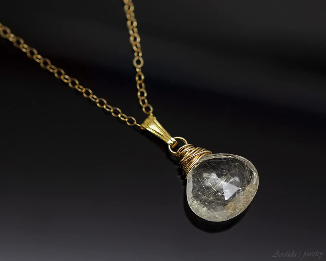 Golden Rutilated Quartz Earrings and Necklace Set - Natural Gemstone Jewelry with Gold Pendant - Elegant Rutile Quartz Gold Jewelry for Women - Perfect for Weddings, Parties & Special Occasions