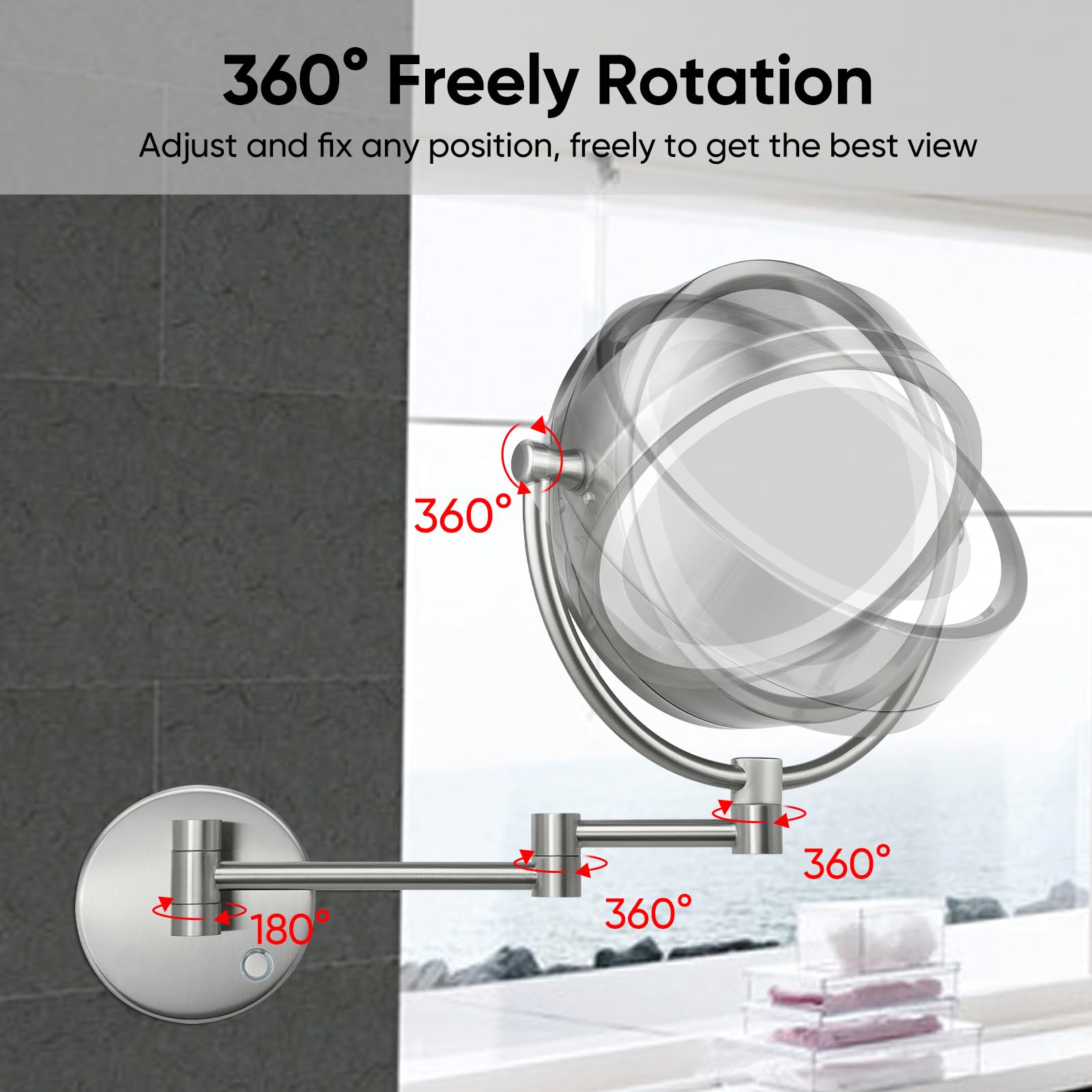 GURUN 8.5 Inch LED Lighted Wall Mount Makeup Mirror with 10x Magnification - Hardwired Nickel Finish Vanity Mirror for Bathroom, Bedroom & Dressing Room
