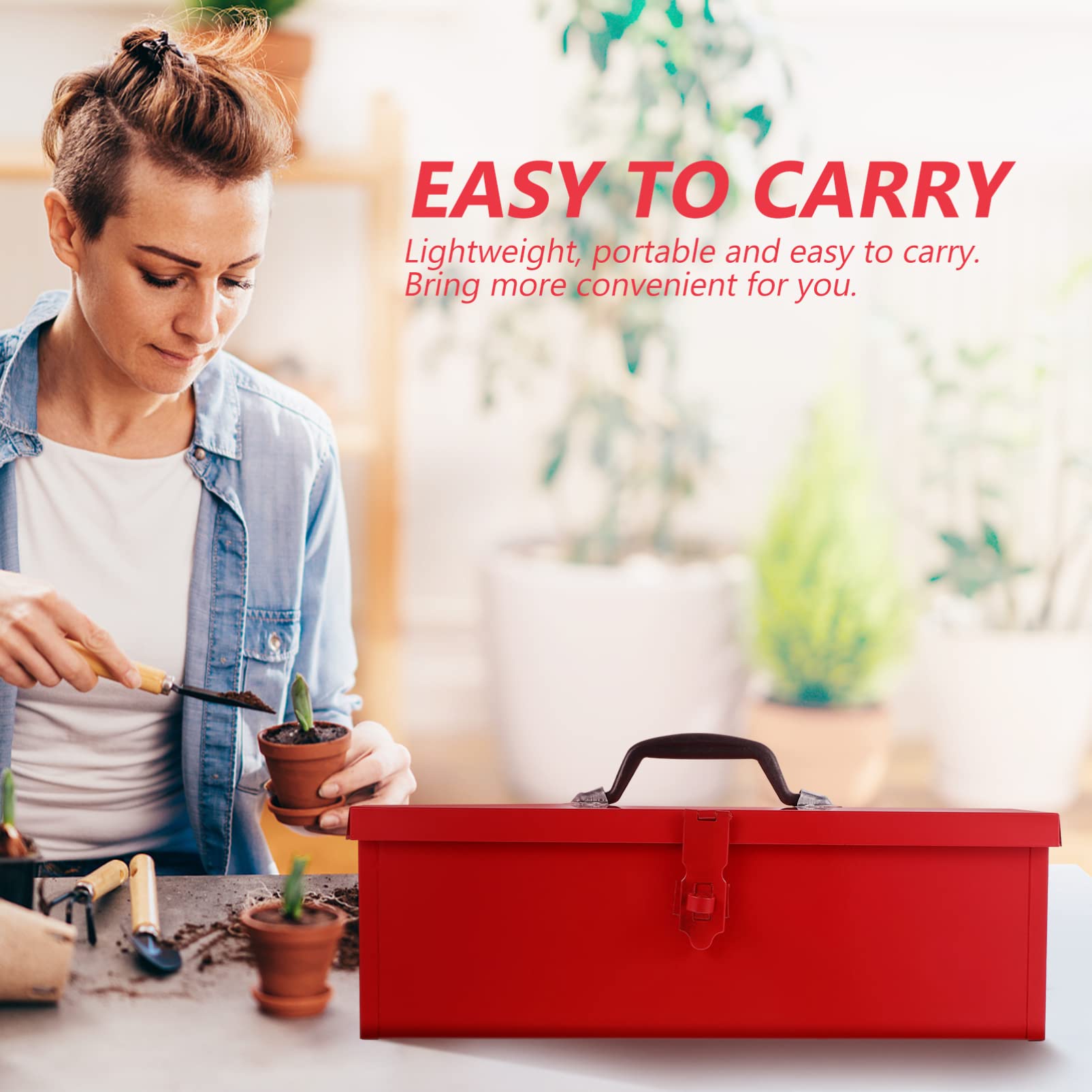 DOITOOL Small Metal Tool Box - Portable Steel Tool Organizer with Hip Roof Design & Metal Latch Closure (39 x 16 x 13cm, Red) - Perfect for Home Garage, Workshop, Construction Site & DIY Projects