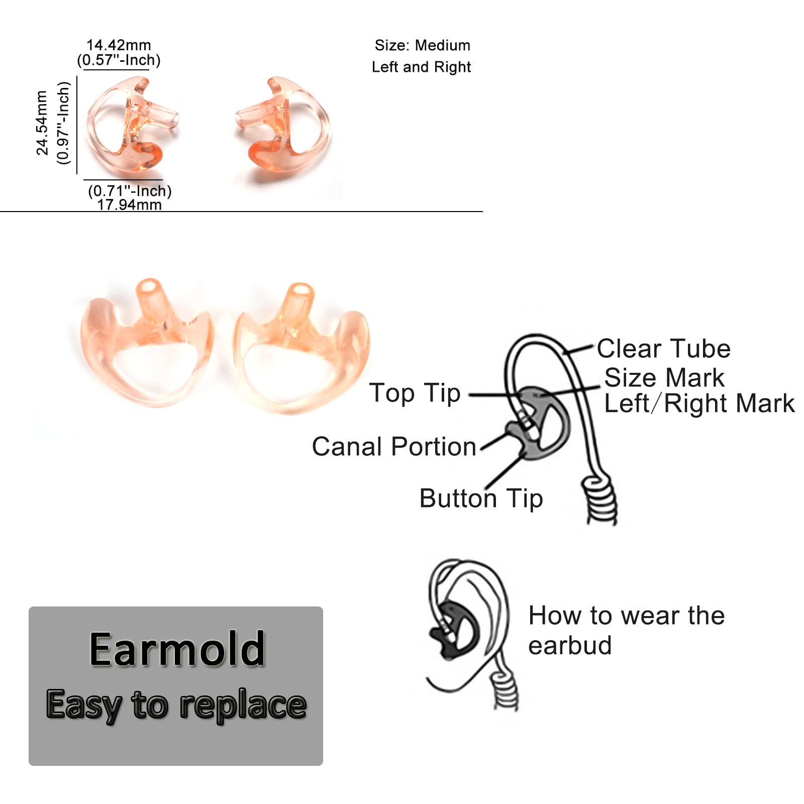 HYS B-05-2MEB Coil Tube Earbud Kit with Medium Earmold - Compatible with Two-Way Radios & Surveillance Headsets - Clear Audio for Security, Law Enforcement & Professional Use