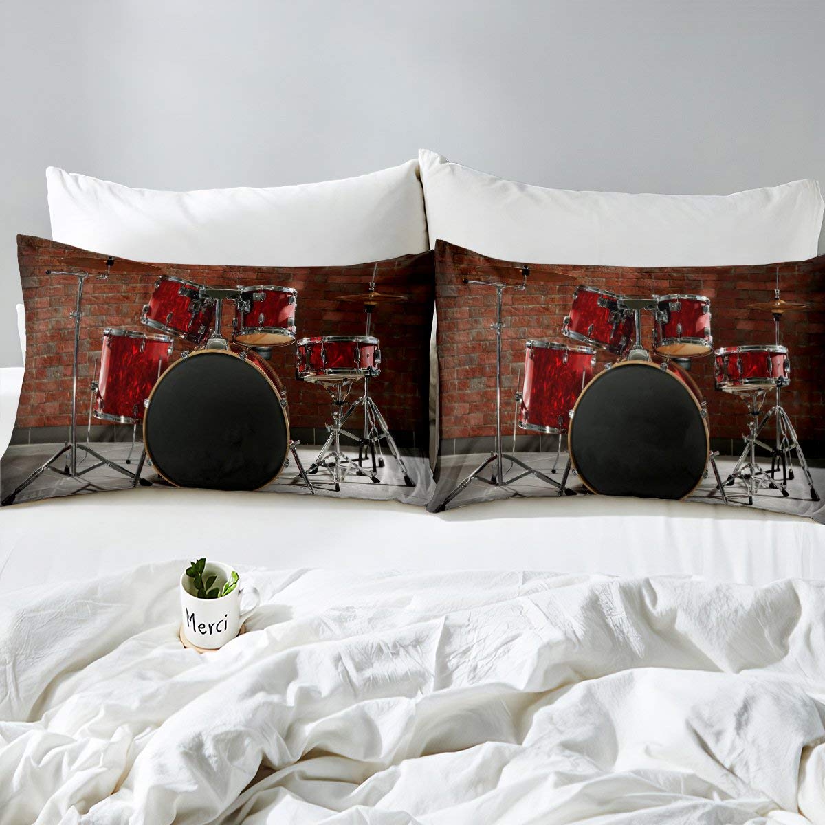Erosebridal Red Drum Kit Fitted Sheet & Pillowcase Set - Twin XL Size for Hip Hop & Rock Music Themed Bedroom Decor | Perfect for Music Lovers, Drummers, and Party Room Styling