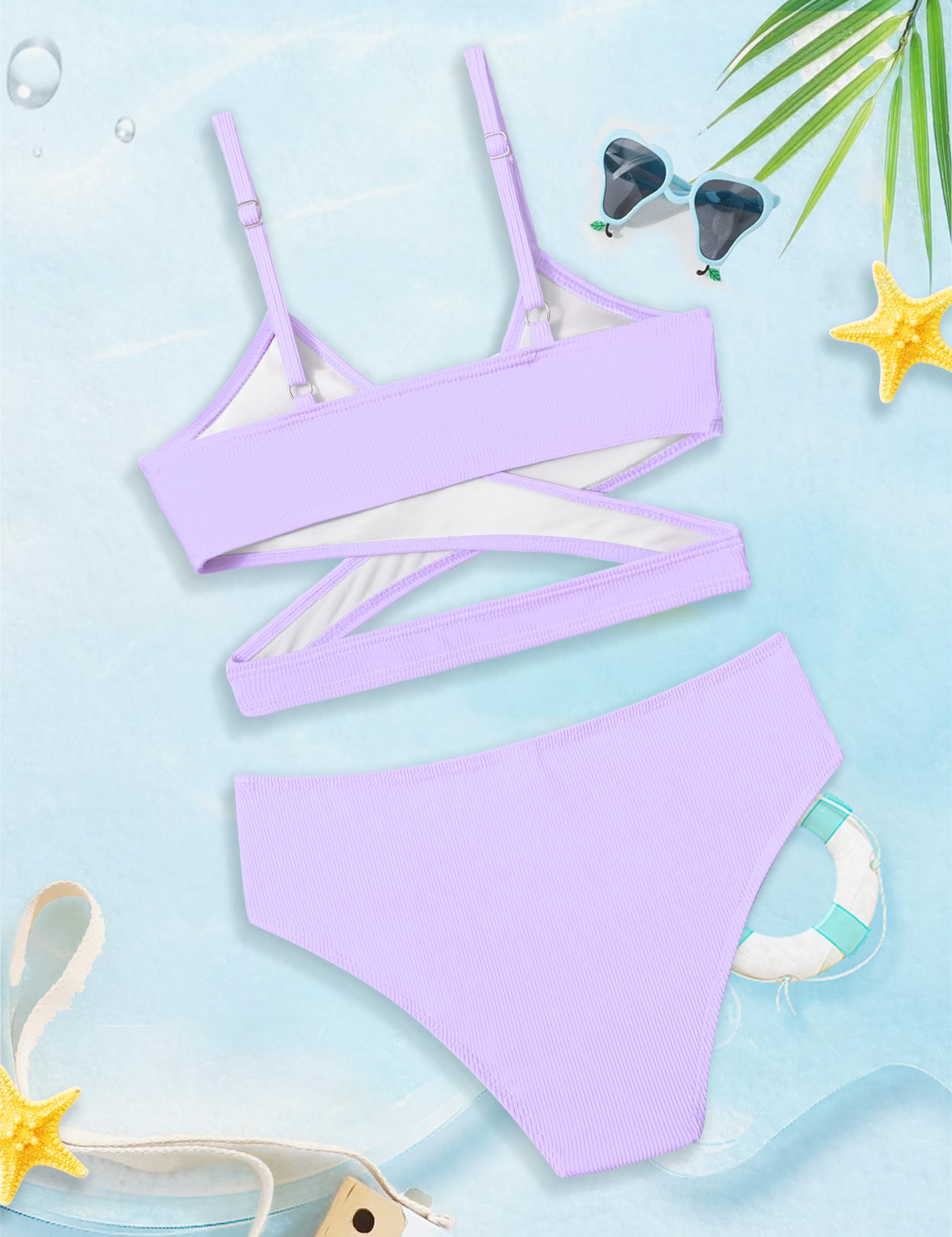 Girls' Two Piece Swimsuit Bikini Set - Criss Cross Bathing Suits for Teens & Kids, Solid Color Swimwear for Beach, Pool & Summer Vacation