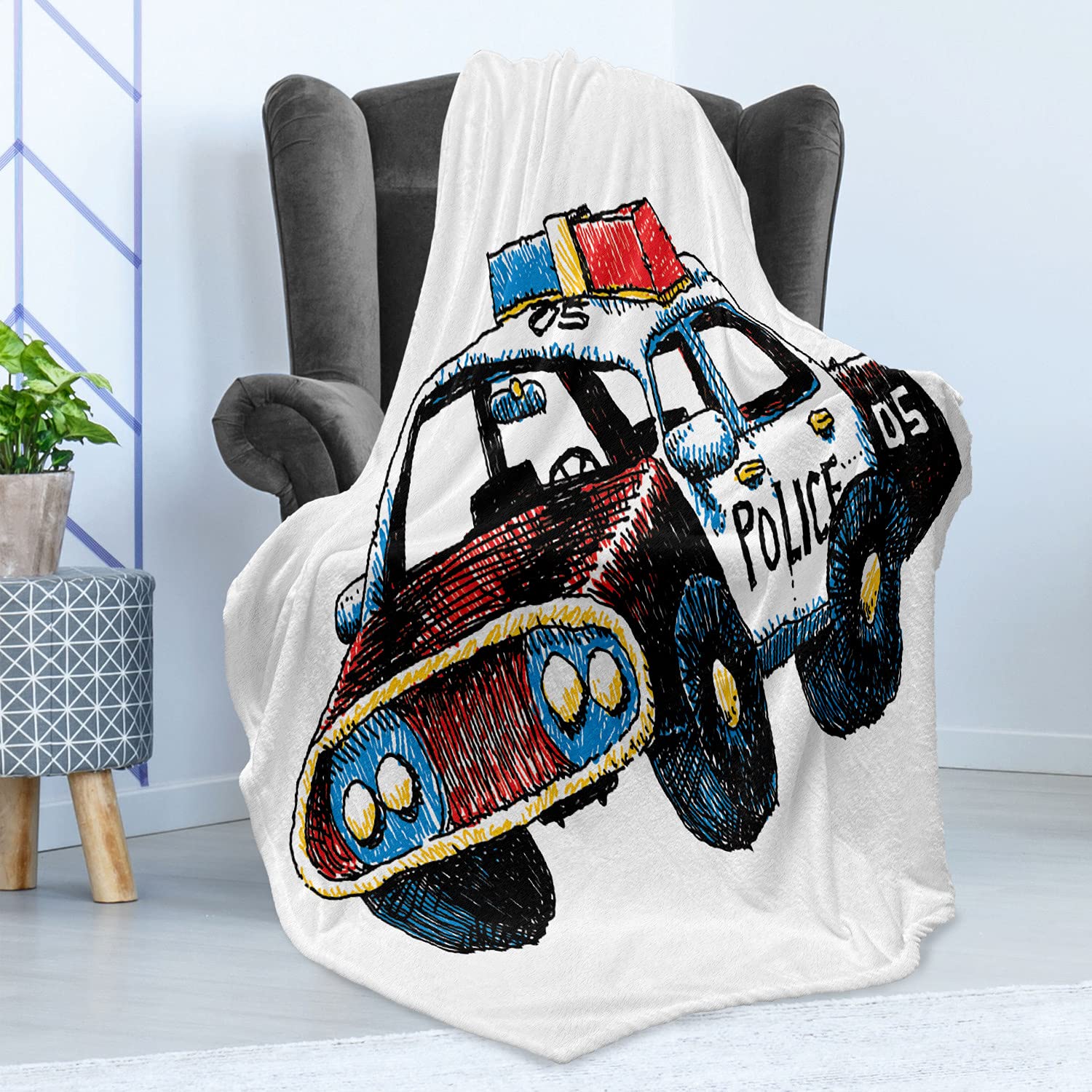 Ambesonne Police Throw Blanket - Hand Drawn Cartoon Police Car Design with Sketch Print | Soft Flannel Fleece Accent Blanket for Couch, Bed & Sofa | 50