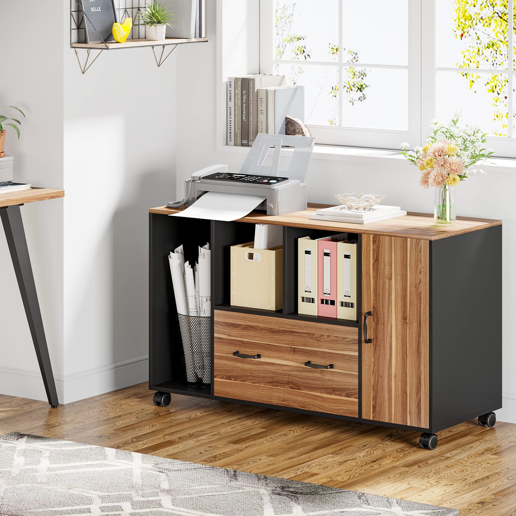 Little Tree Rolling File Cabinet with Drawer & Door - Mobile Storage Cabinet with Shelves & CPU Holder for Home Office, Living Room - Perfect for Organizing Documents, Office Supplies & Electronics