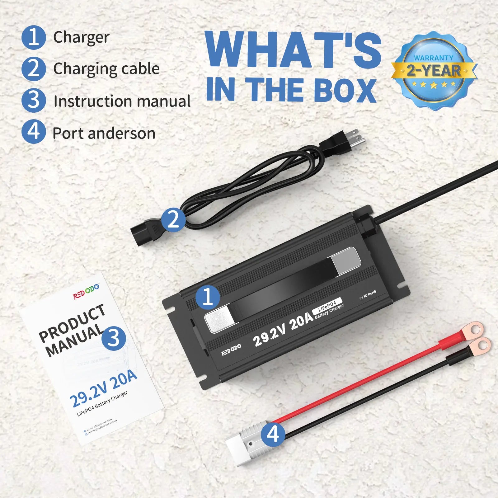 Redodo 29.2V 20A LiFePO4 Battery Charger for Golf Carts, Electric Bikes, and Solar Power Systems - Fast Charging & Durable Lithium Iron Phosphate Battery Charger