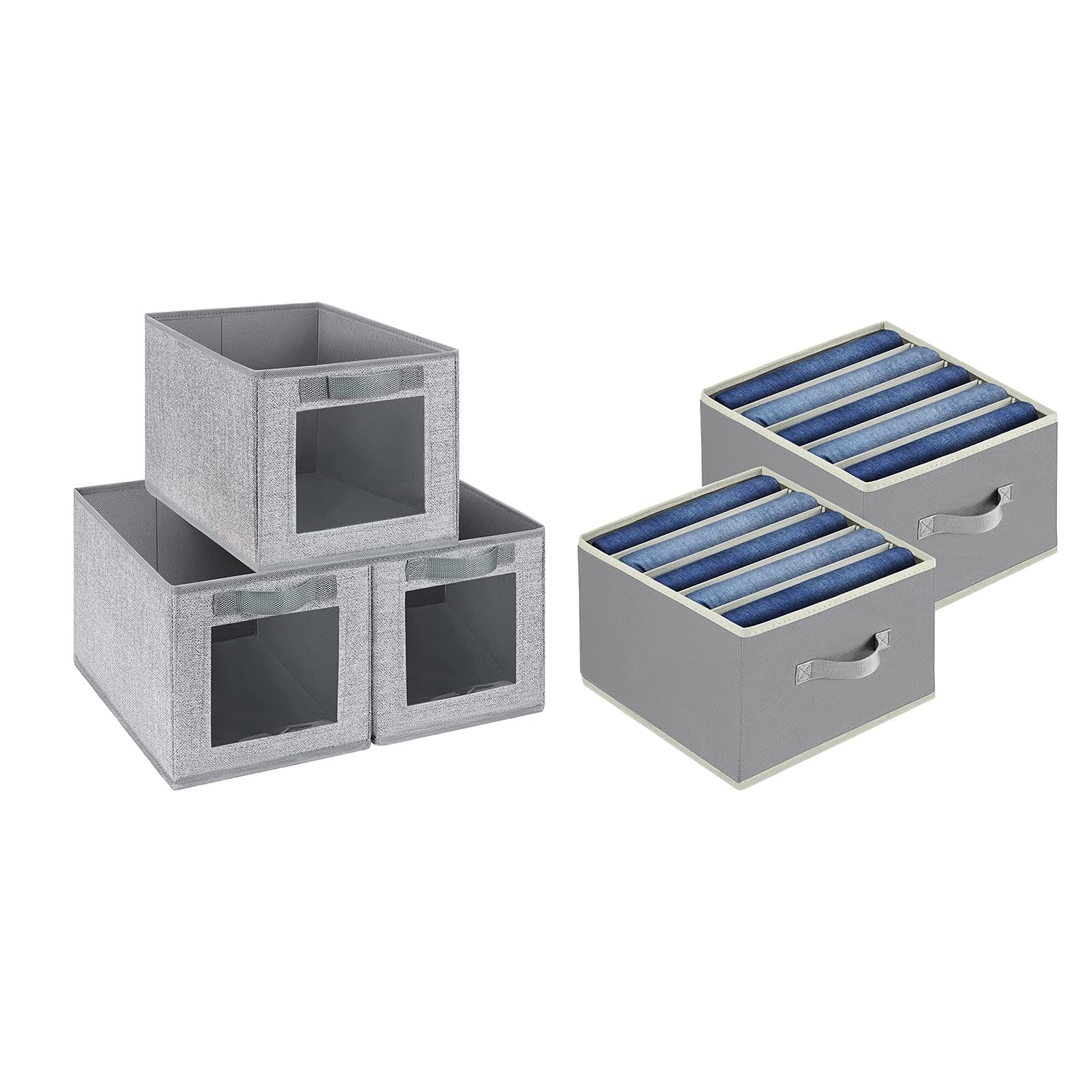 Homsorout 5-Pack Fabric Storage Bins with Window & Handles - Closet Organizer for Clothes, Wardrobe, Home & Office - Foldable Storage Cubes for Shelves, Drawers & Underbed - Blended Grey Fabric Drawer Organizers
