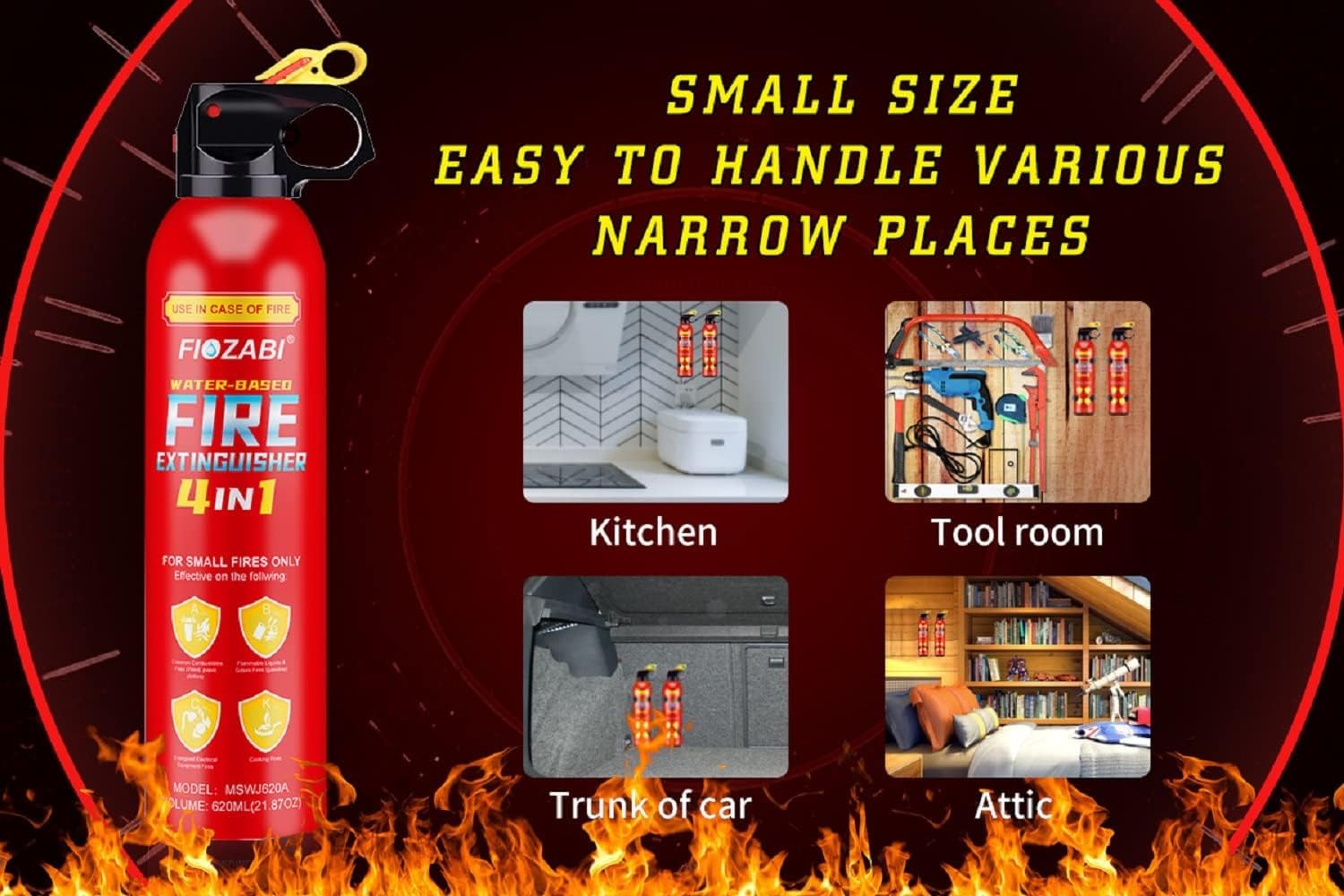 Portable Fire Spray with Bracket - 620ML Aerosol Fire Extinguisher for All Fires Including Li-ion Battery Fires - Emergency Safety Equipment for Home, Kitchen, Fireplace, Grill, Car & RV (4-Pack) - Perfect for Camping, Road Trips & Outdoor Adventures
