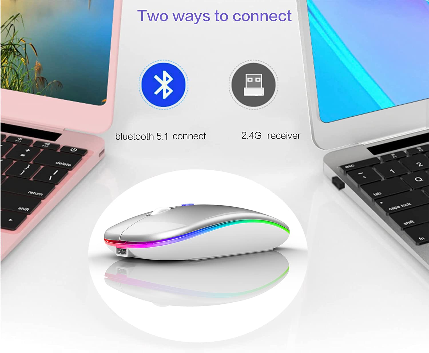 Wireless Bluetooth Mouse for Laptop, MacBook, iPad, PC - Compatible with MacBook Air/Pro, Windows, Chromebook (Silver White) - Perfect for Office, Home & Travel Use