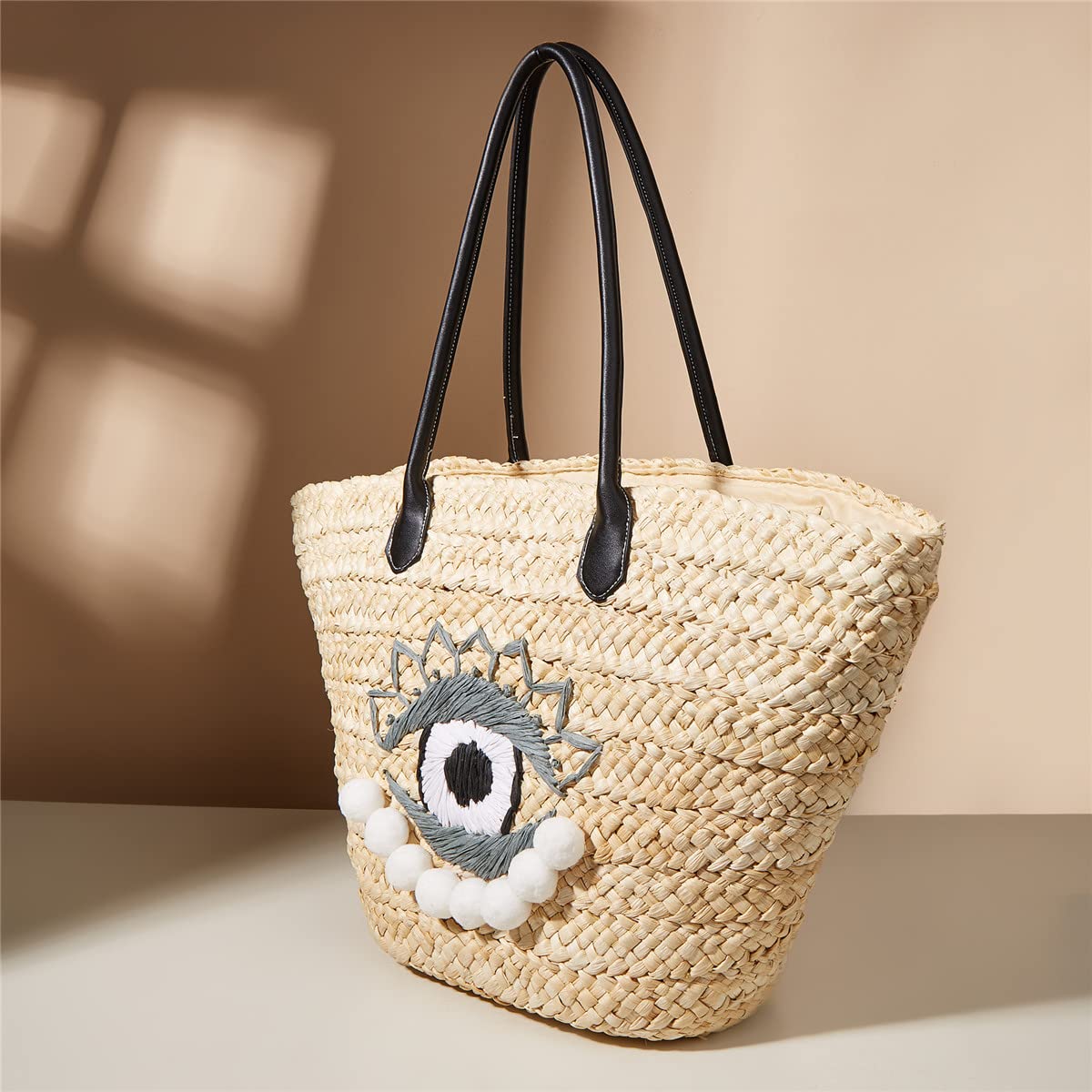 Stylish Hand-Woven Straw Beach Bag for Women - Large Evil Eye Retro Rattan Shoulder & Crossbody Purse (Beige) | Perfect for Summer Vacations, Pool Parties & Boho Fashion
