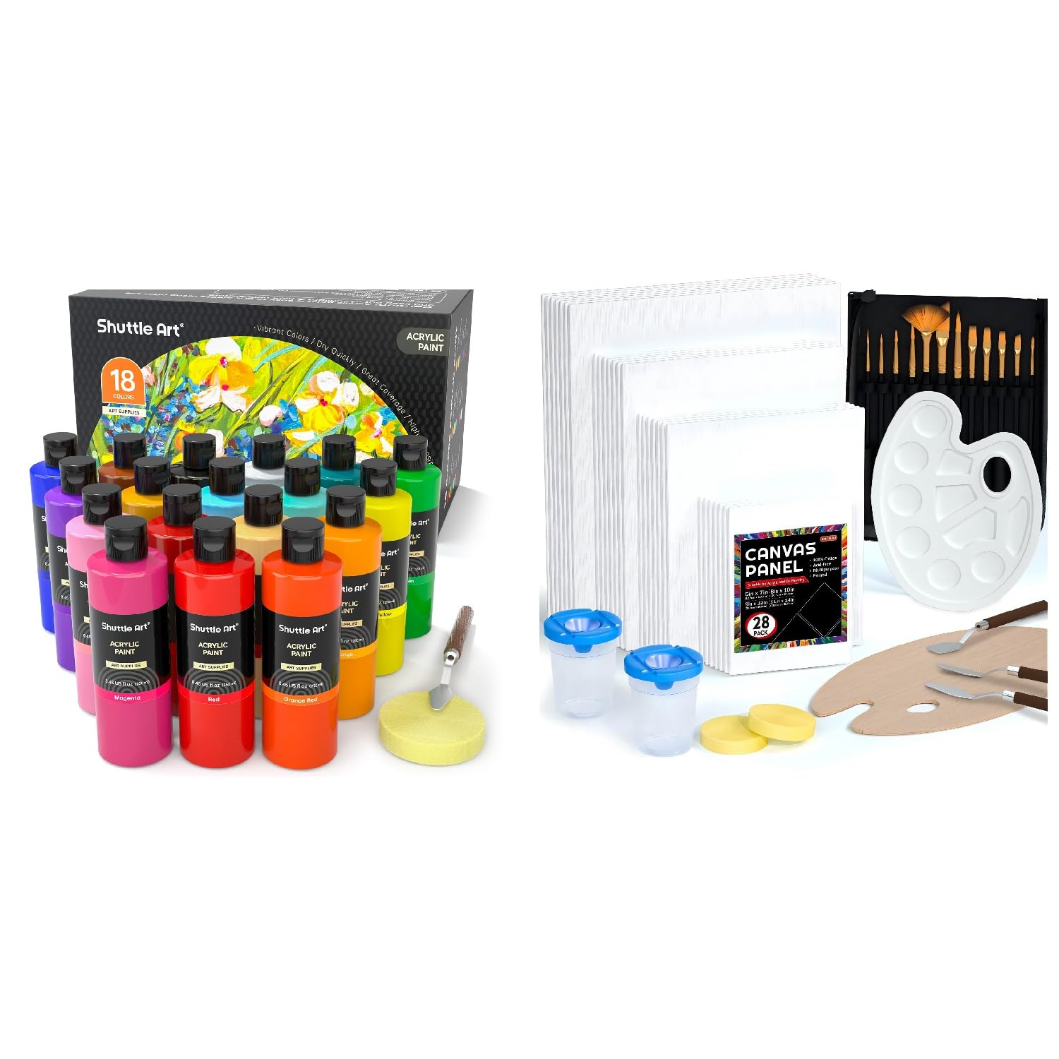 Shuttle Art 50-Pack Canvas Panels & 18-Color Acrylic Paint Set (240ml/8.12oz) with Paint Brushes, Palette & Painting Knives - Professional Art Supplies for Beginners & Artists - Perfect for Canvas Painting, DIY Projects & Home Decor