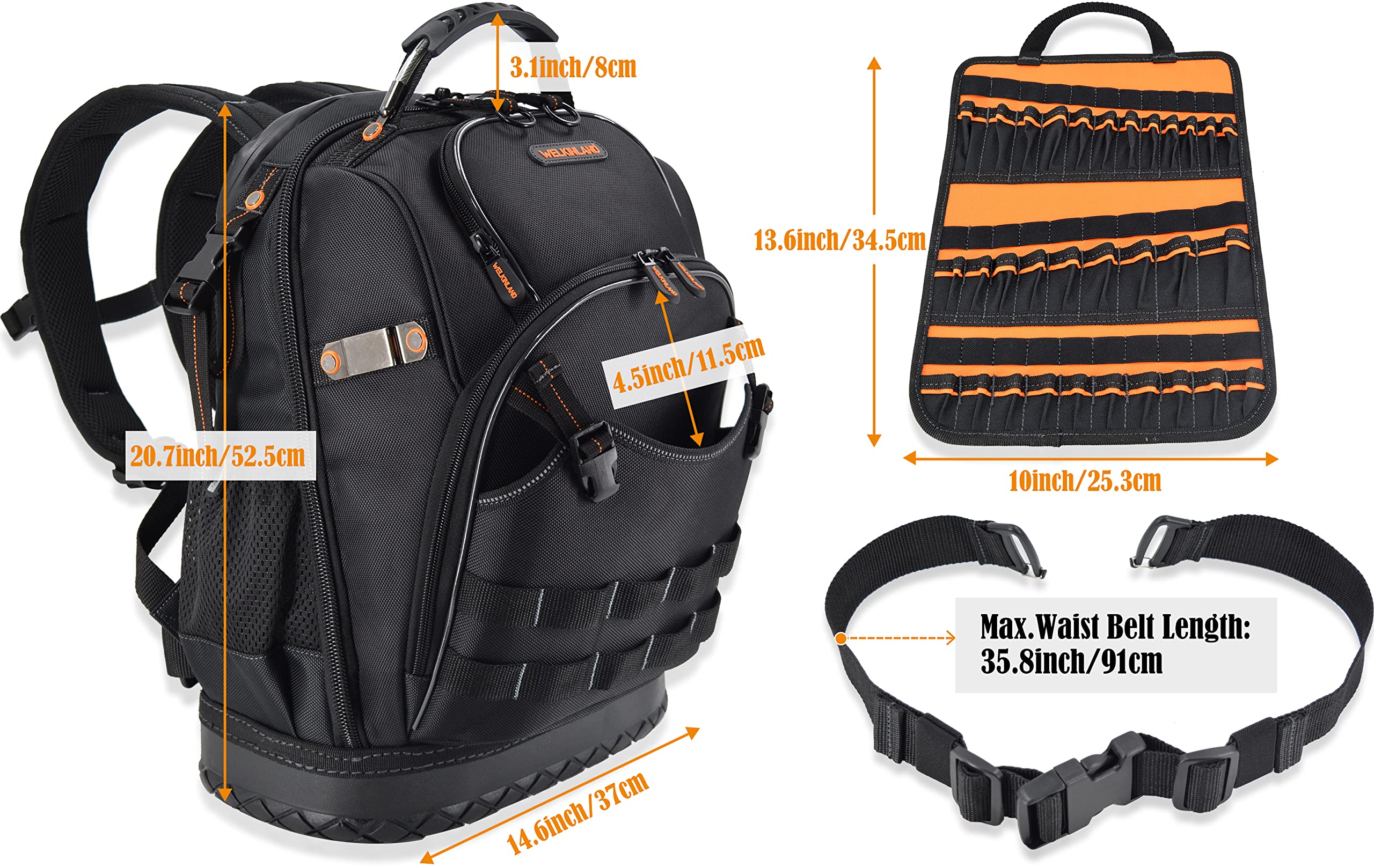 WELKINLAND 77-Pockets Heavy Duty Tool Backpack for Men - Large HVAC & Electrician Tool Bag Backpack for Construction, Repair & Maintenance - Durable Work Backpack for Professionals & DIY Enthusiasts