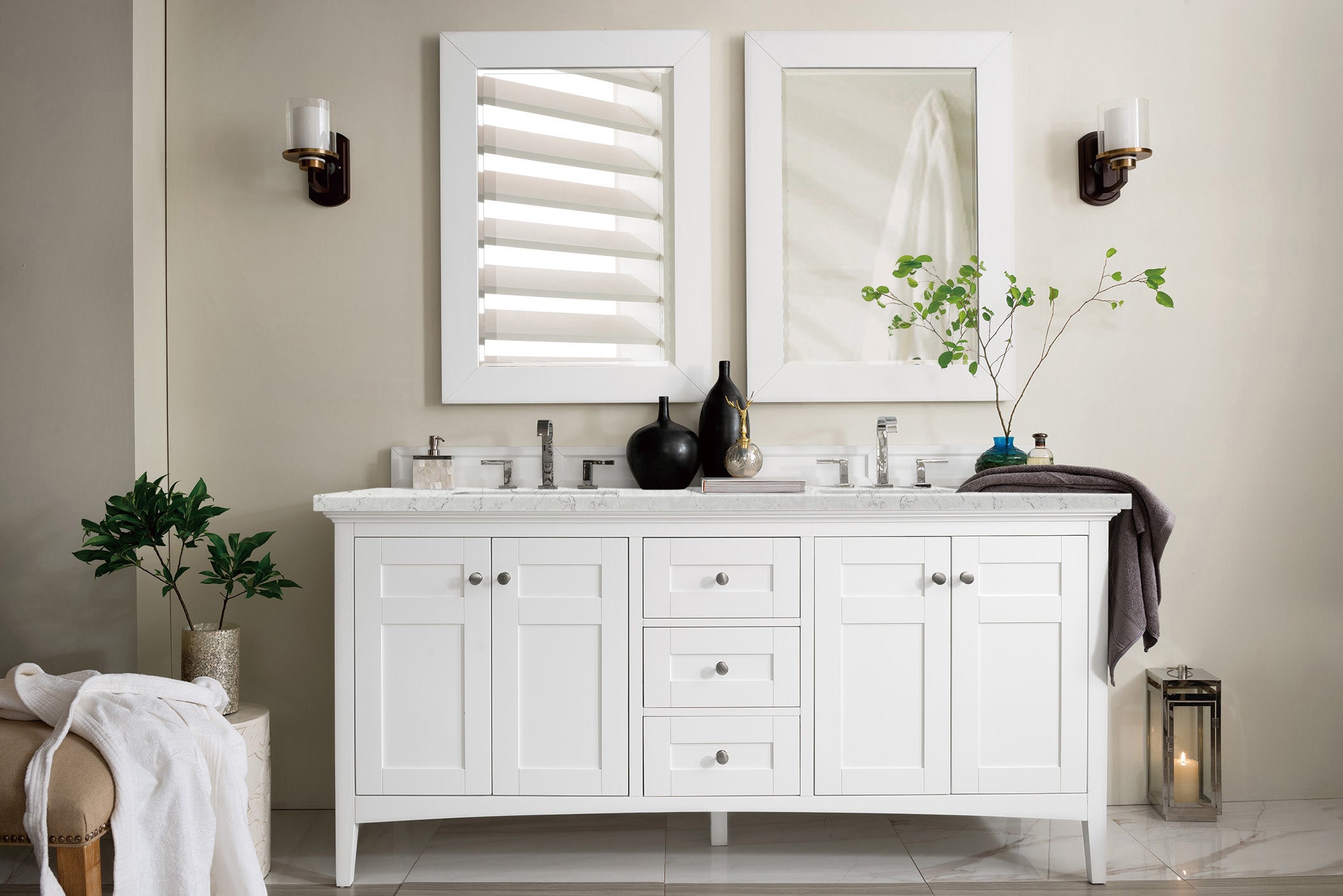 Palisades 72 Inch Double Bathroom Vanity with 3CM Eternal Jasmine Pearl Quartz Countertop in Bright White - Perfect for Master Bathroom Renovation and Modern Home Decor