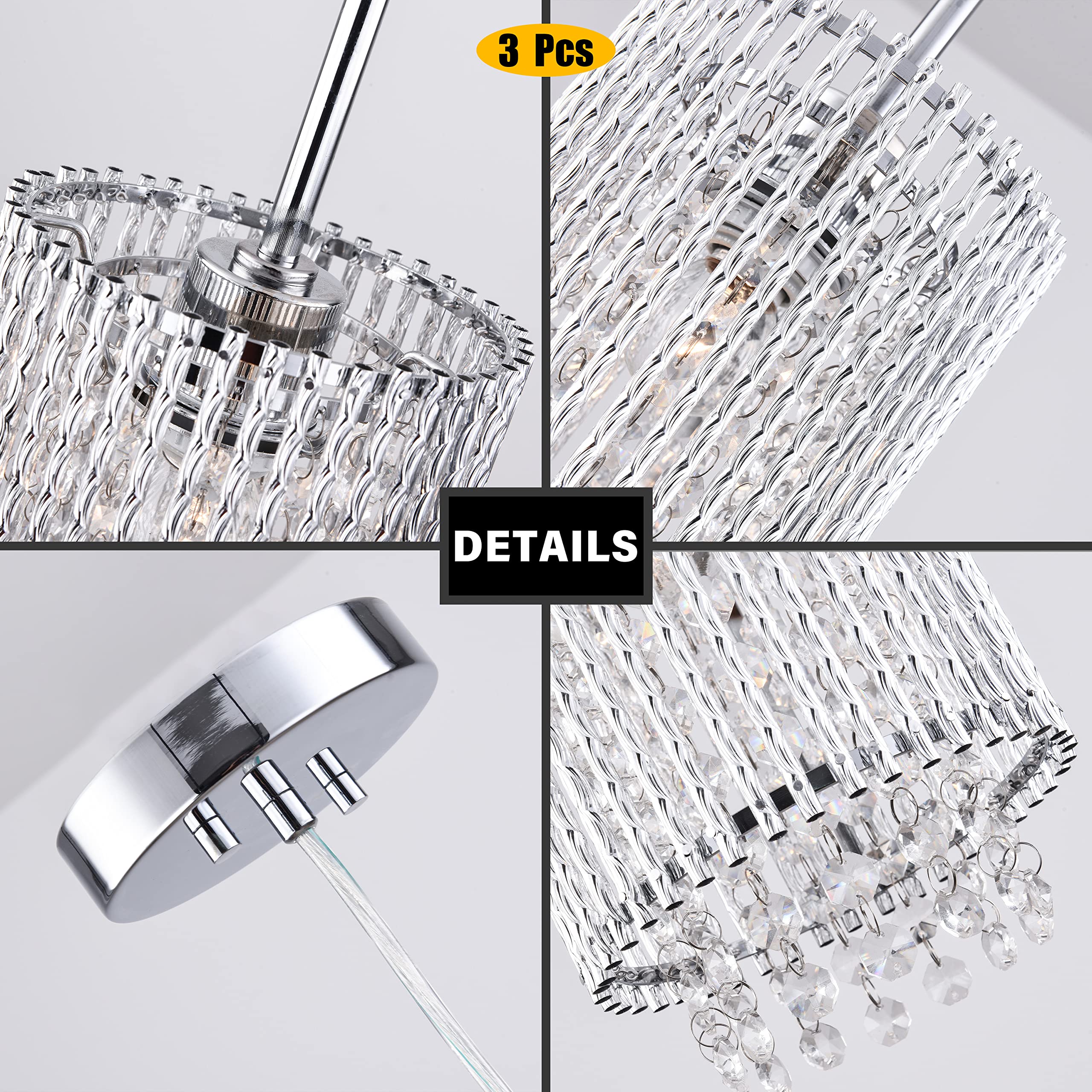 3 Pack Farmhouse Pendant Lights - Crystal Hanging Chandelier for Kitchen Island, Dining Room, Bedroom & Bar - Modern Ceiling Fixture with E26 Base - Perfect for Home Decor, Restaurant Lighting & Commercial Spaces