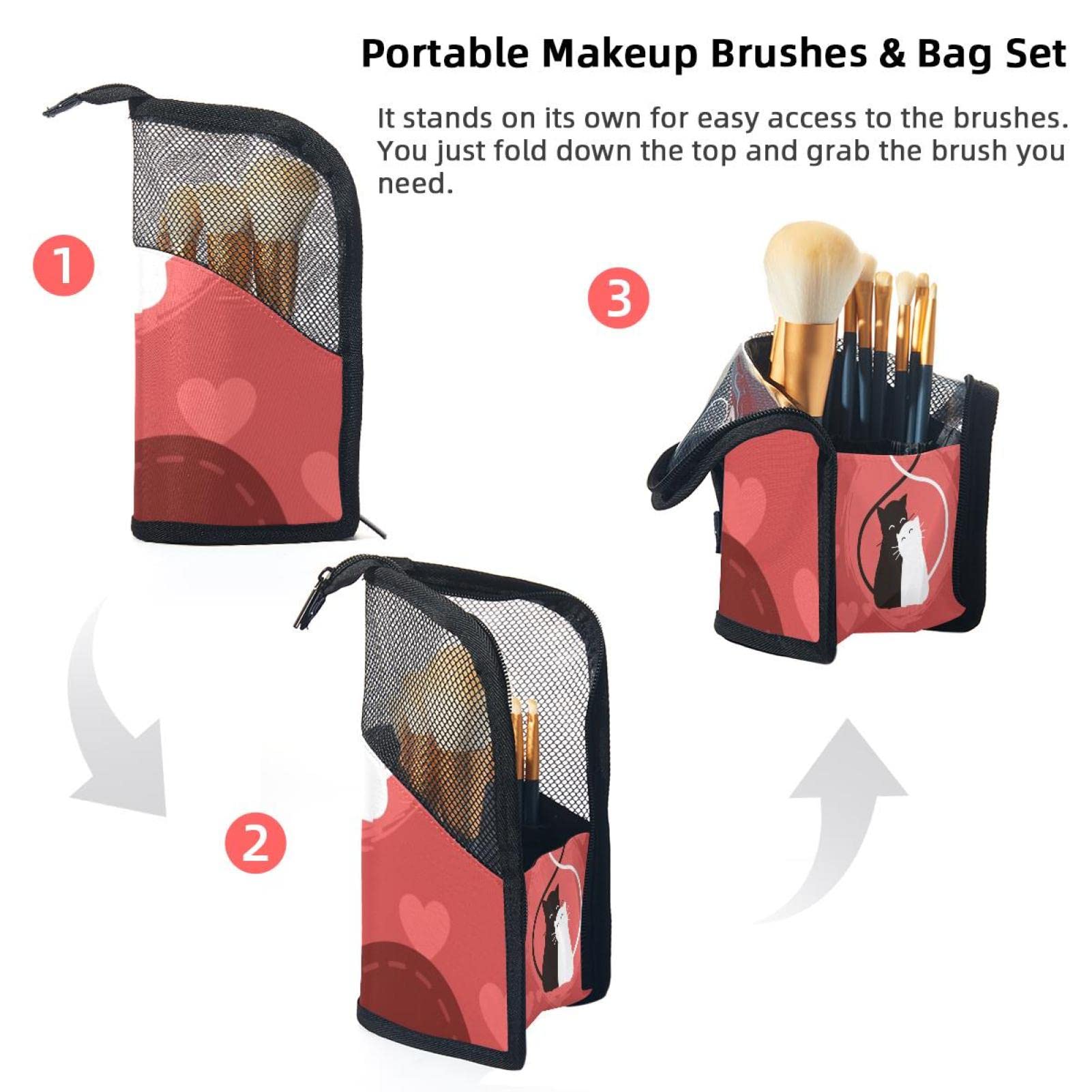 Portable Makeup Brush Organizer Bag with 12 Slots - Cute Cats in Love & Hearts Design - Travel Cosmetic Brush Holder Case for Makeup Artists & Beauty Enthusiasts - Perfect for Travel, Home Vanity & Professional Makeup Kits