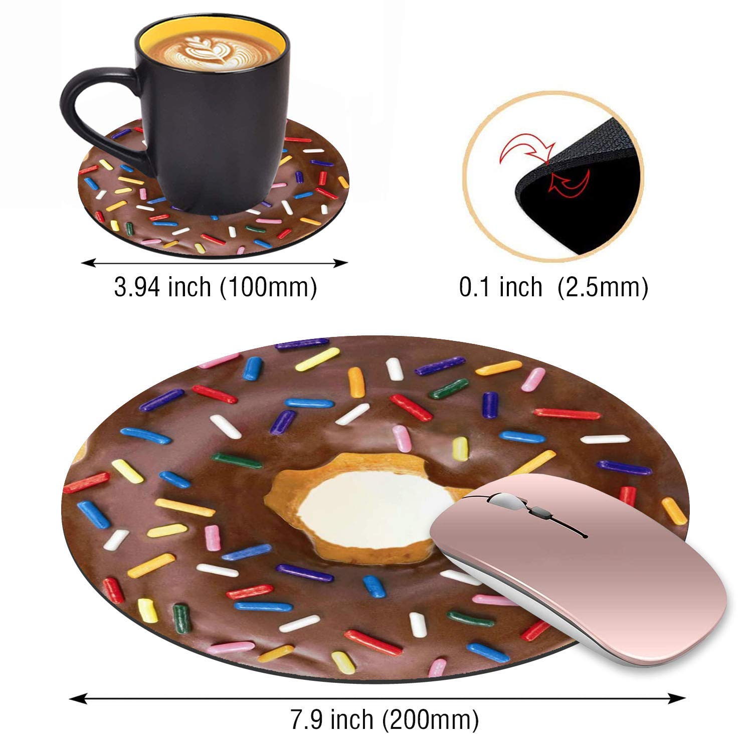 Non-Slip Donut with Sprinkles Design Round Mouse Pad & Coasters Set - Cute Rubber Mousepad for Computer, Laptop, Gaming & Office Desk Accessories - Perfect for Work, Home Office & Gaming Setup