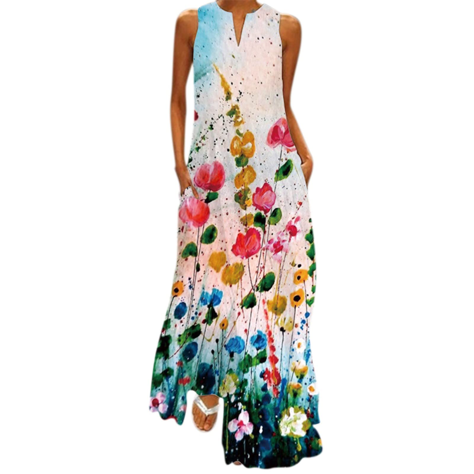 Boho Beach Dress for Women - Floral Print Maxi Sundress with V-Neck, Pockets & Sleeveless Design | Perfect for Summer Vacations, Beach Getaways and Casual Outings