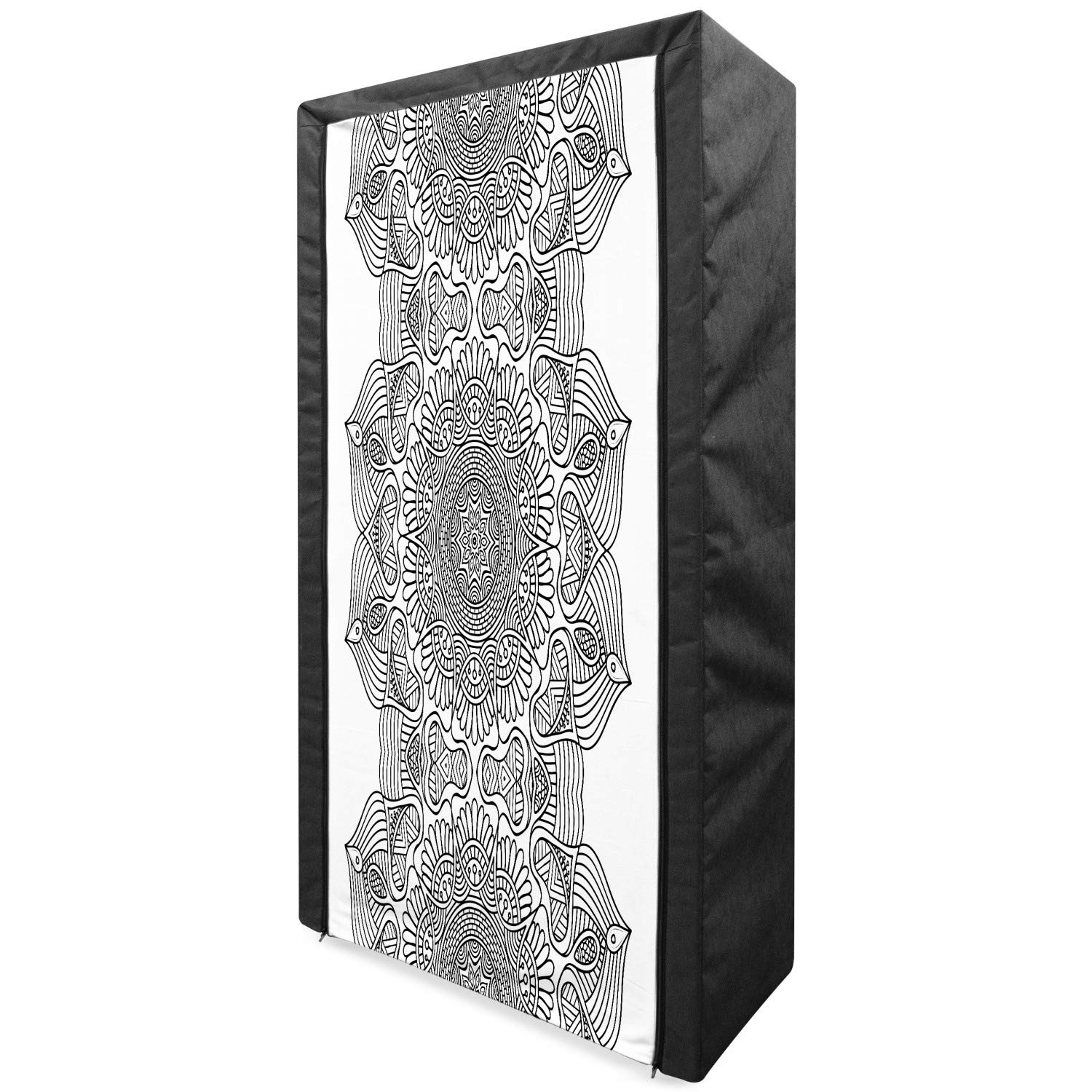 Ambesonne Ethnic Portable Fabric Wardrobe - Moroccan Inspired Folk Pattern Clothing Organizer with Shelves, 33.5 Inch Gray & White Storage Closet for Bedroom, Closet, Dorm or Travel Use