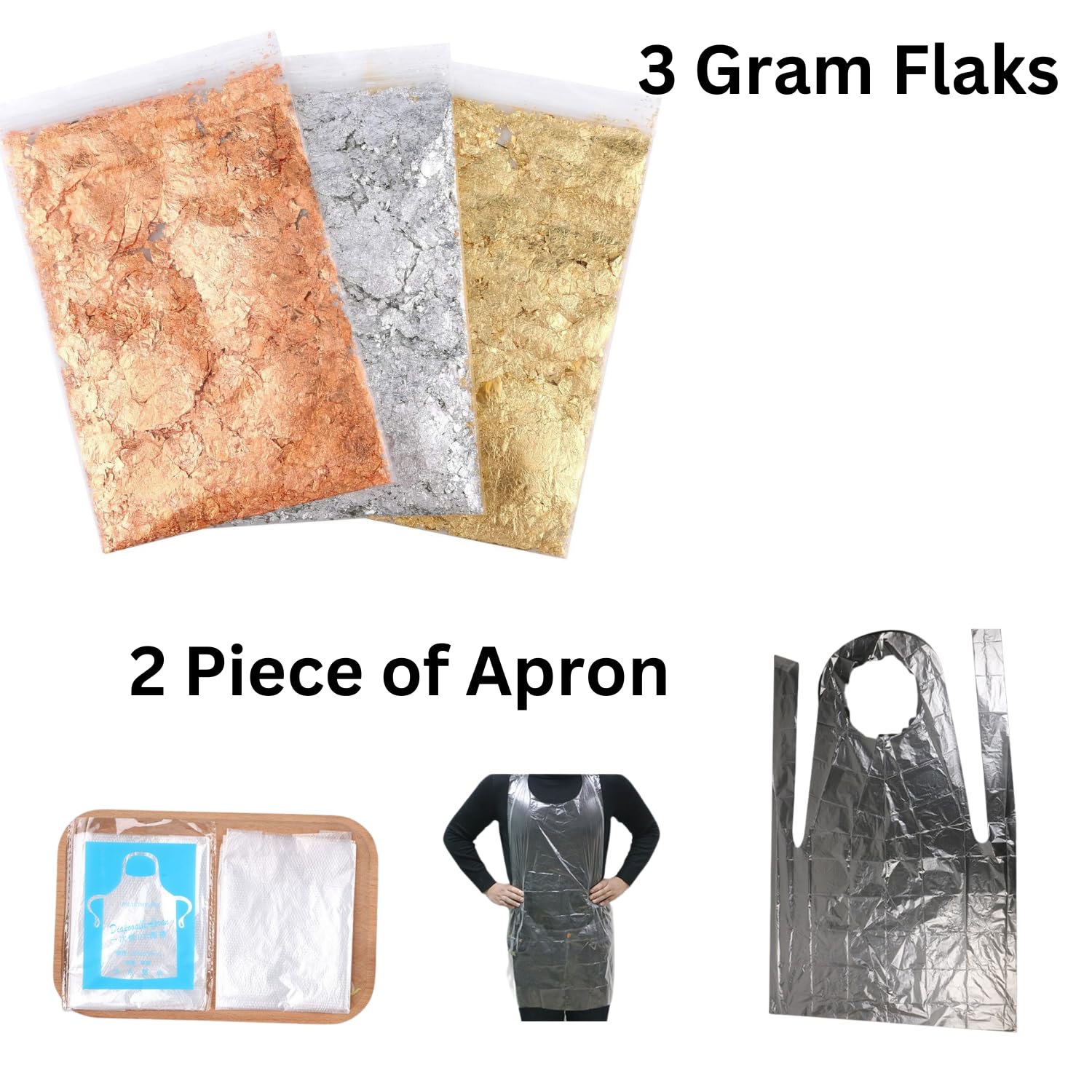 Snoogg 3 Pack Gold Silver Copper Metallic Foil Flakes & 2 Piece Apron Set for Nail Art, Epoxy Resin, Painting, DIY Crafts - Perfect for Home Decor, Gift Wrapping, Scrapbooking & Creative Projects