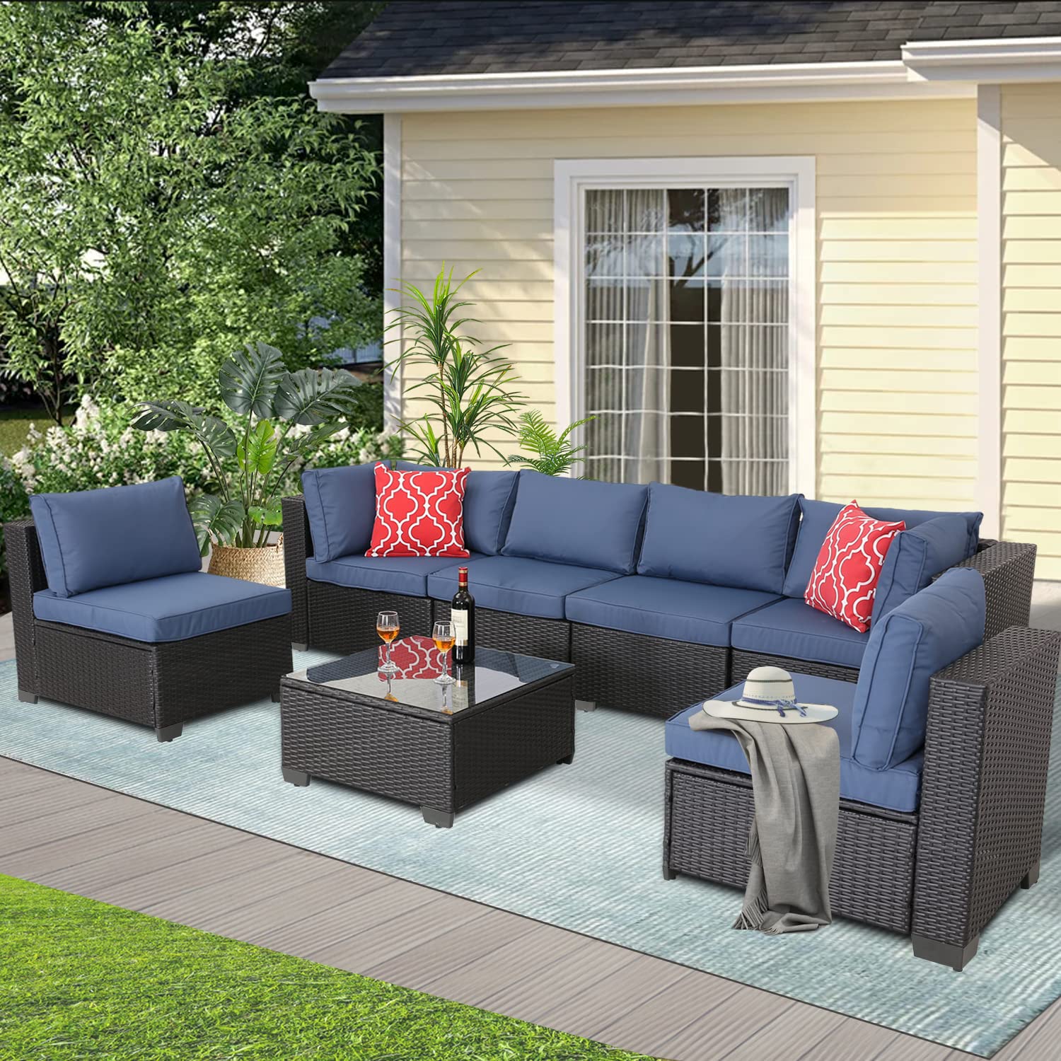 Premium 7-Piece Outdoor Patio Furniture Set - PE Rattan Wicker Sectional Sofa with Cushions & Glass Coffee Table - Dark Blue Conversation Set for Backyard, Poolside & Garden Relaxation (Weather-Resistant & Durable)