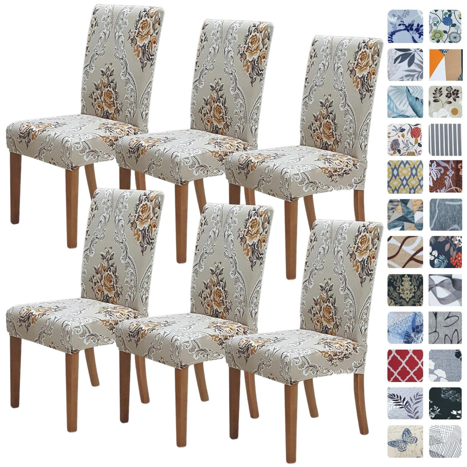 SPRINGRICO 6-Pack Stretch Dining Chair Covers - Washable Spandex Slipcovers for Kitchen & Parsons Chairs - Removable Seat Protectors for Home, Party & Restaurant Use (Floral Zen Design, Set of 6)