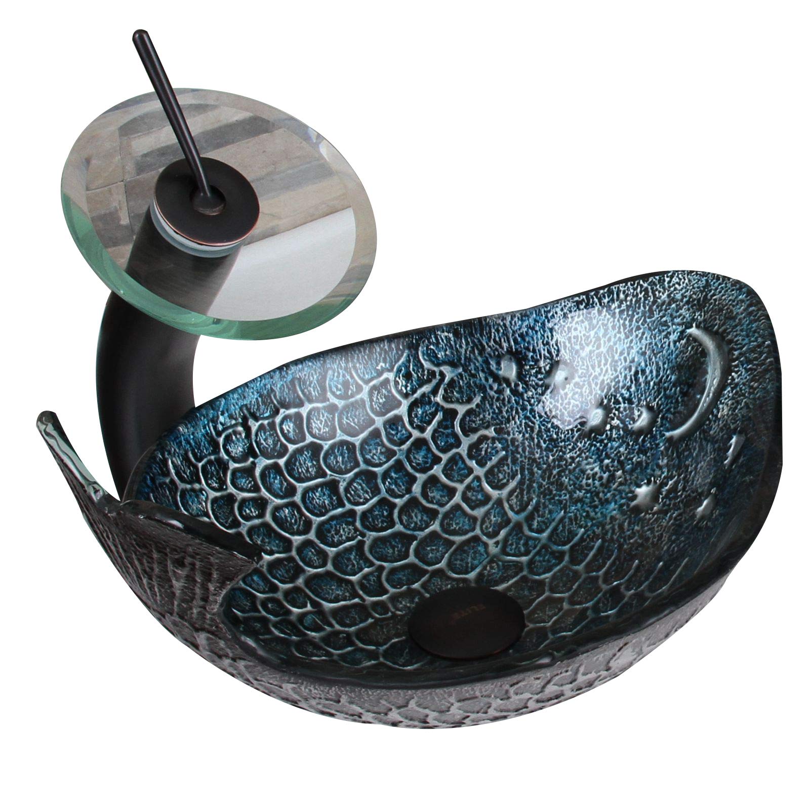ELITE Pacific Whale Pattern Tempered Glass Bathroom Vessel Sink with Oil Rubbed Bronze Waterfall Faucet - Modern Vanity Sink for Coastal Bathroom Decor, Spa Style Bathroom Upgrade