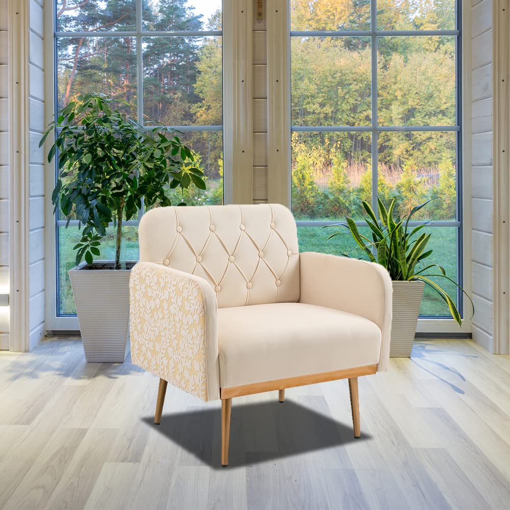 Modern Velvet Single Sofa Chair - Upholstered Accent Living Room Armchair with Rose Gold Metal Legs, Tufted Backrest for Comfortable Reading & Lounging (Beige) | Perfect for Small Spaces, Apartments, Home Office & Cozy Corners