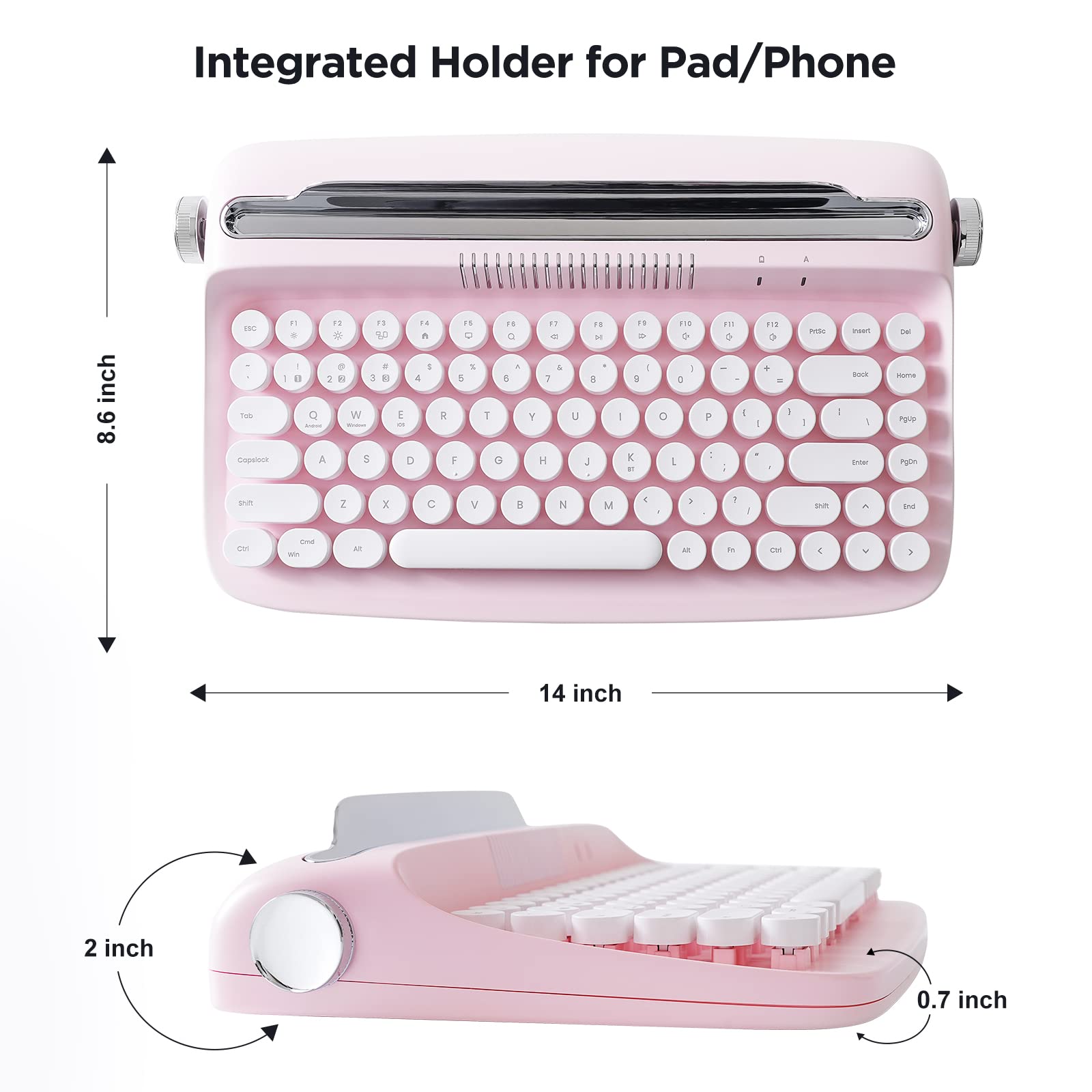 YUNZII ACTTO B303 Wireless Typewriter Keyboard - Bluetooth Mechanical Keyboard with Retro Design, Compatible with Tablet/Phone/PC (Windows/Mac/Android), Includes Stand - Baby Pink | Perfect for Typing, Office Work & Creative Writing