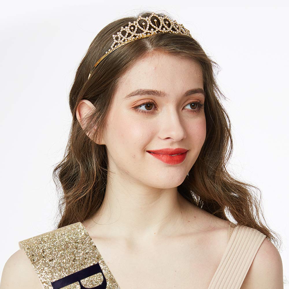 Birthday Queen Sash & Rhinestone Tiara Set - 21st 30th Birthday Party Supplies for Women, Gold Glitter with Black Lettering - Perfect for Bachelorette Parties, Birthday Celebrations & Special Occasions