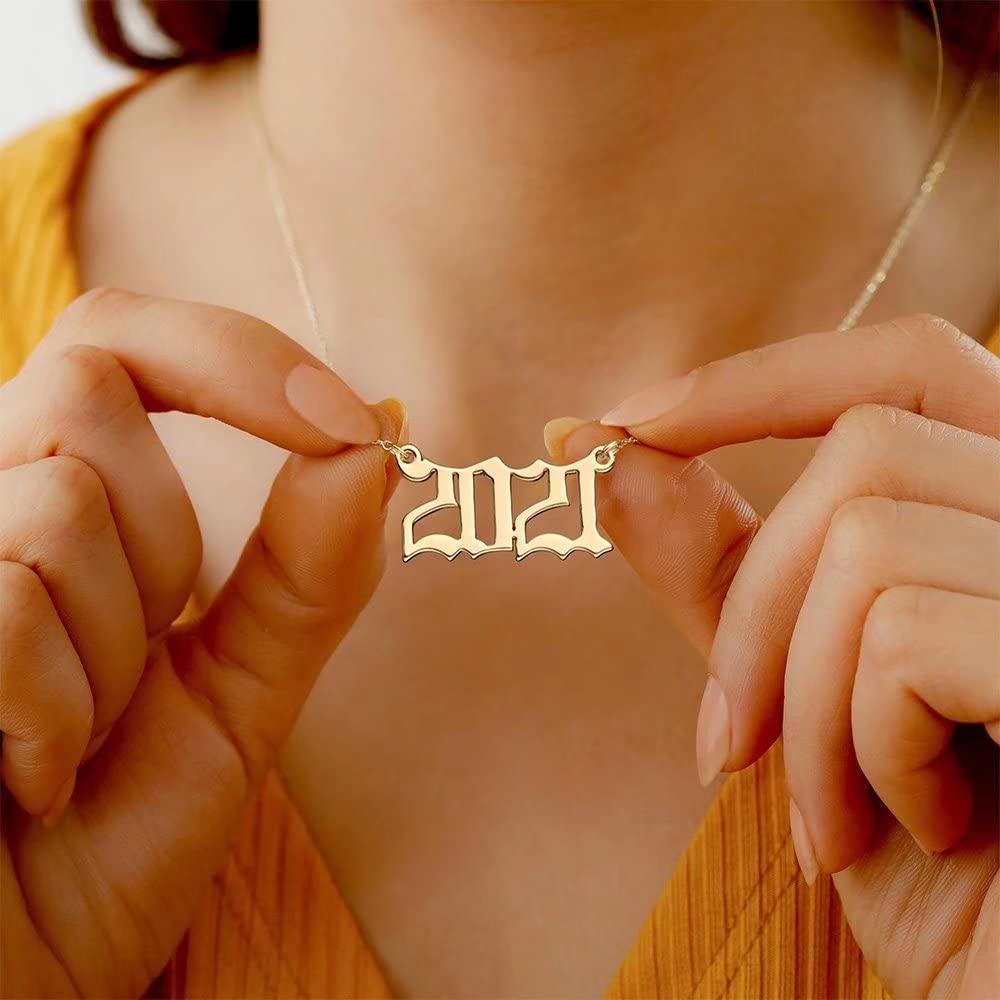 18K Gold Plated Old English Birth Year Necklace for Women - Personalized Number Pendant Jewelry Gift (1970-2021) | Birthday, Anniversary, Mother's Day Present | Perfect for Special Occasions & Everyday Wear