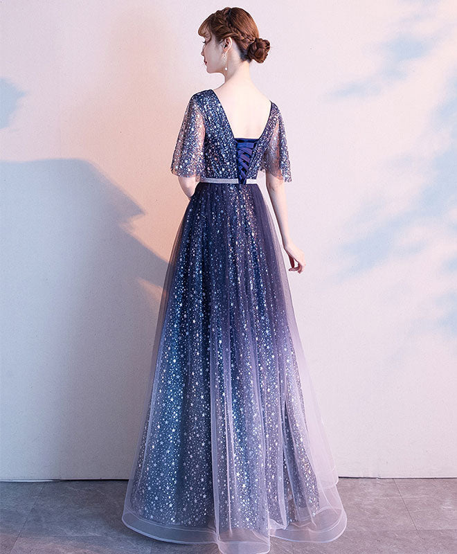 Elegant Blue Tulle Sequin Long Prom Dress for Women - Formal Evening Gown for Homecoming, Ball, and Special Occasions