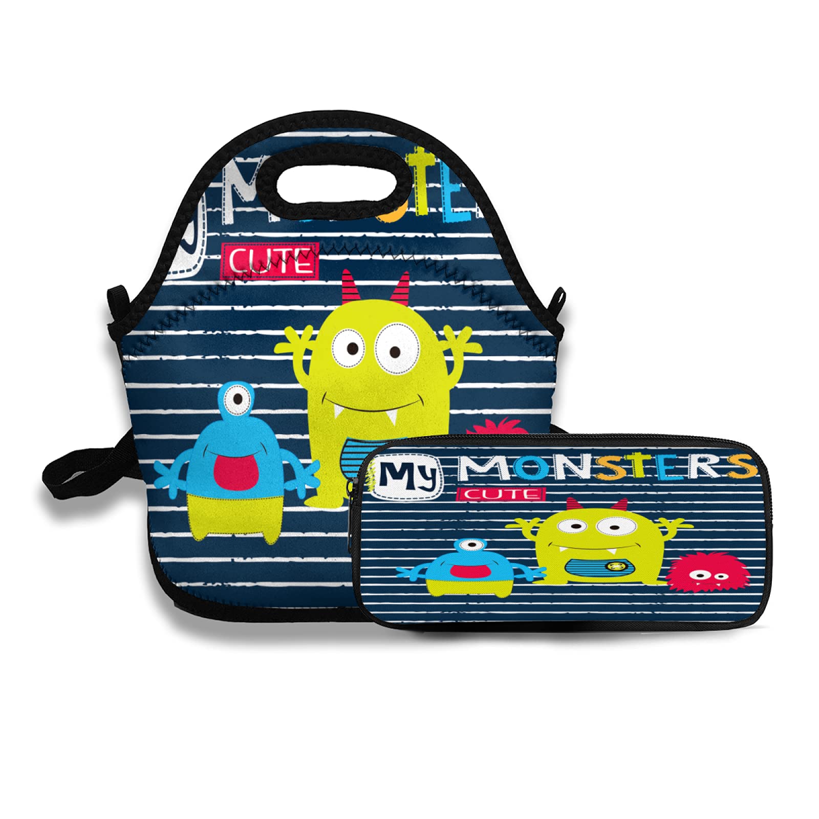Cute Monsters Cartoon Lunch Tote Bag & Pencil Case Set - Insulated Reusable Lunch Bag for Work, School, Picnic, Beach, Camping, Fishing, Cycling - Perfect for Students, Office Workers & Outdoor Enthusiasts