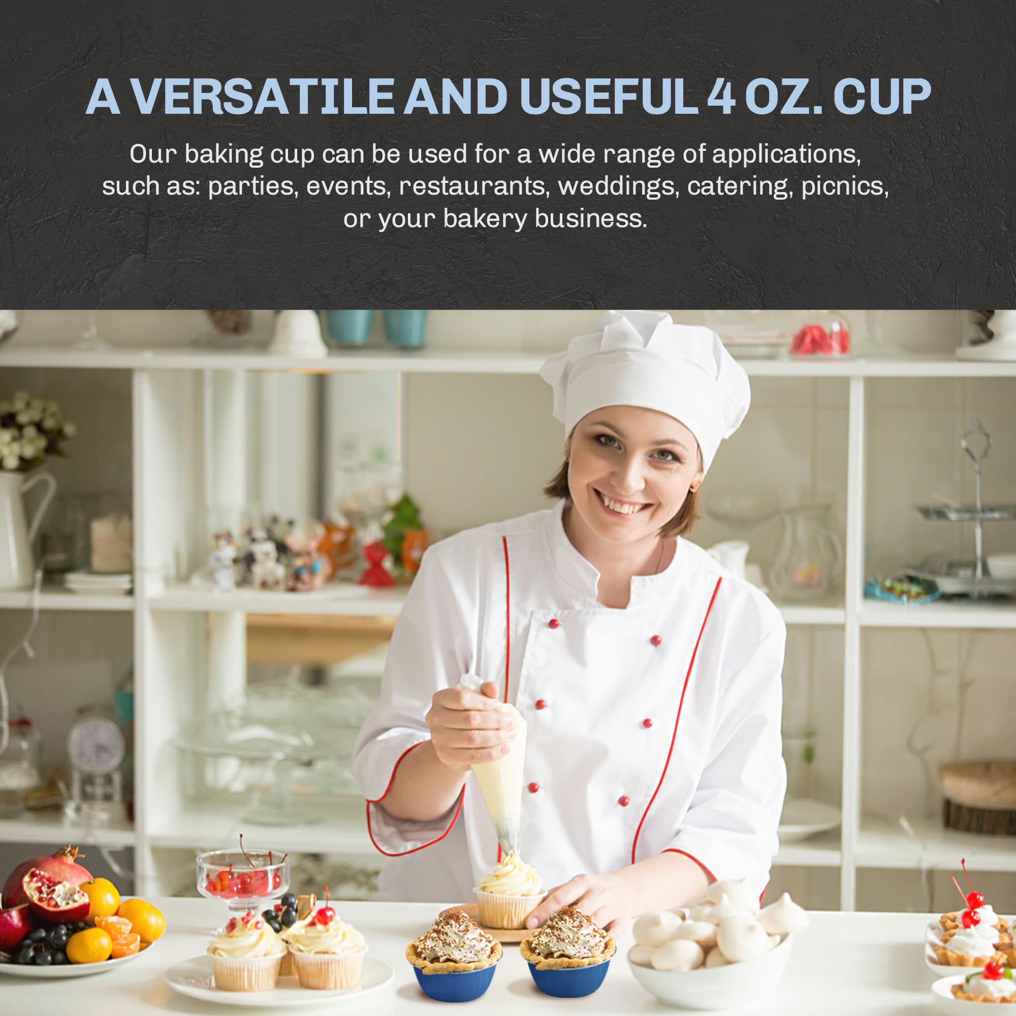 KitchenDance 4oz Disposable Colored Aluminum Baking Cups with Lids - 500 Pack Blue Stackable Foil Pans for Creme Brulee, Flan, Cupcakes, Desserts - Perfect for Home Baking, Party Cooking & Meal Prep