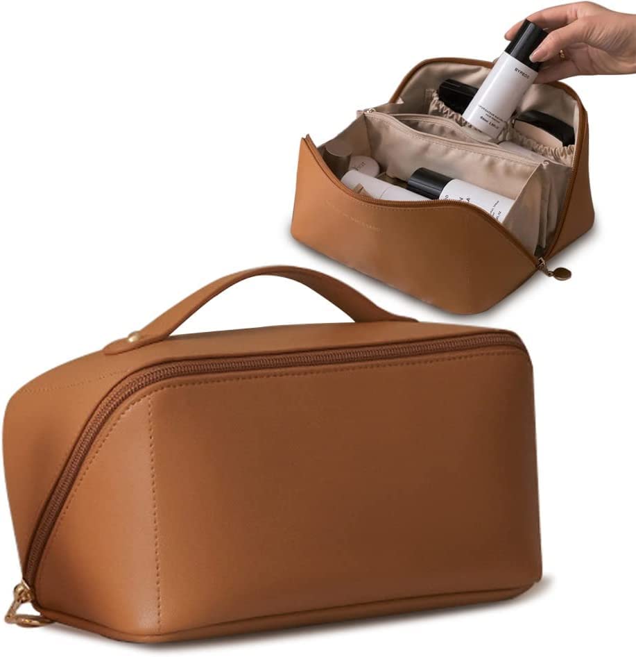 Premium Large-Capacity Leather Makeup Bag - Waterproof Travel Cosmetic Organizer with Brush Slots & Dividers for Women | Perfect for Toiletries, Cosmetics & Travel Essentials (Brown) - Ideal for Vacation, Business Trips & Daily Use