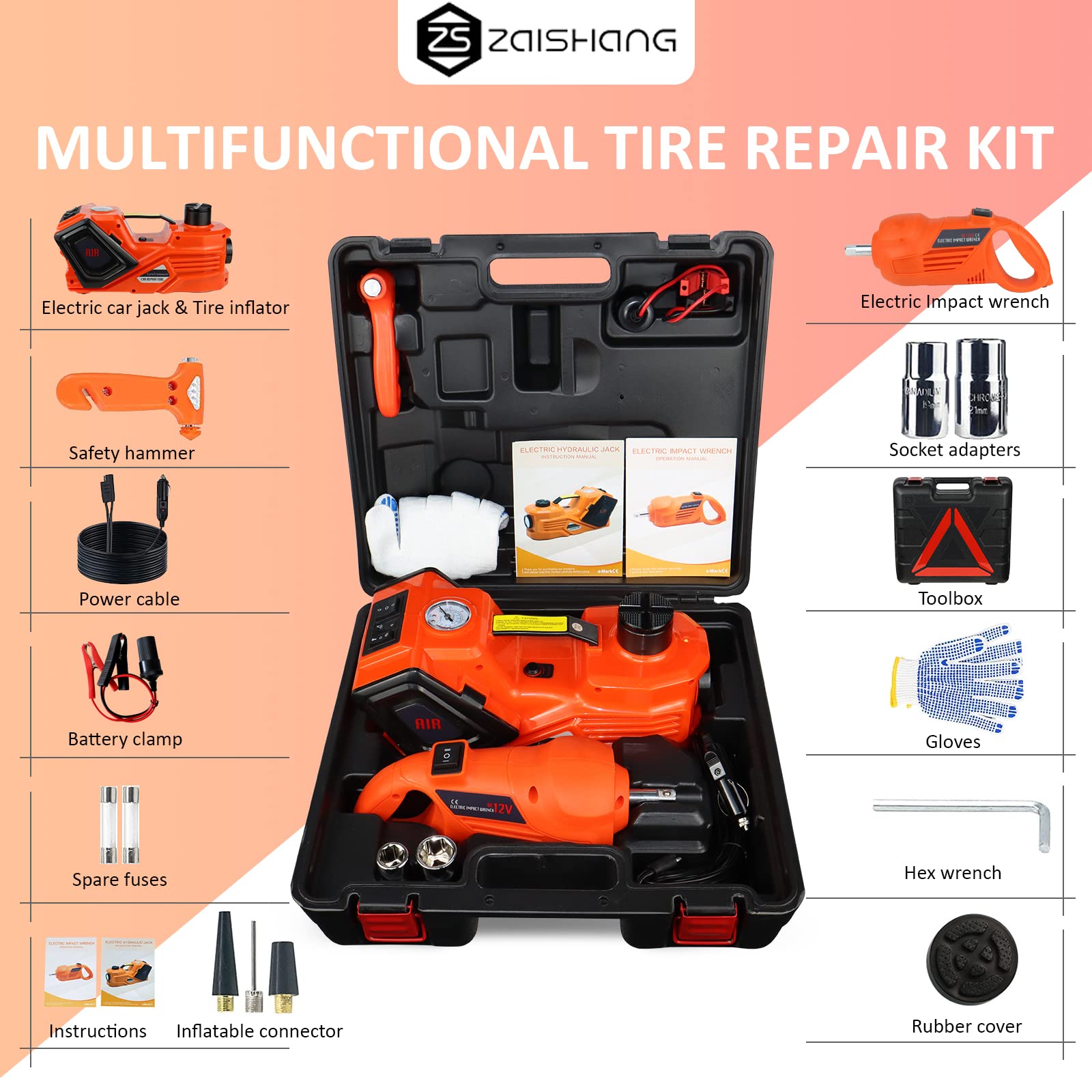 5 Ton Electric Hydraulic Car Jack Kit with Impact Wrench & Tire Inflator (6.1-17.7