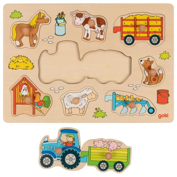 Wooden Lift Out Peg Puzzle - Tractor with Trailers - Educational Toddler Toy for Fine Motor Skills Development - Perfect for Preschool Learning & Farm-Themed Playtime