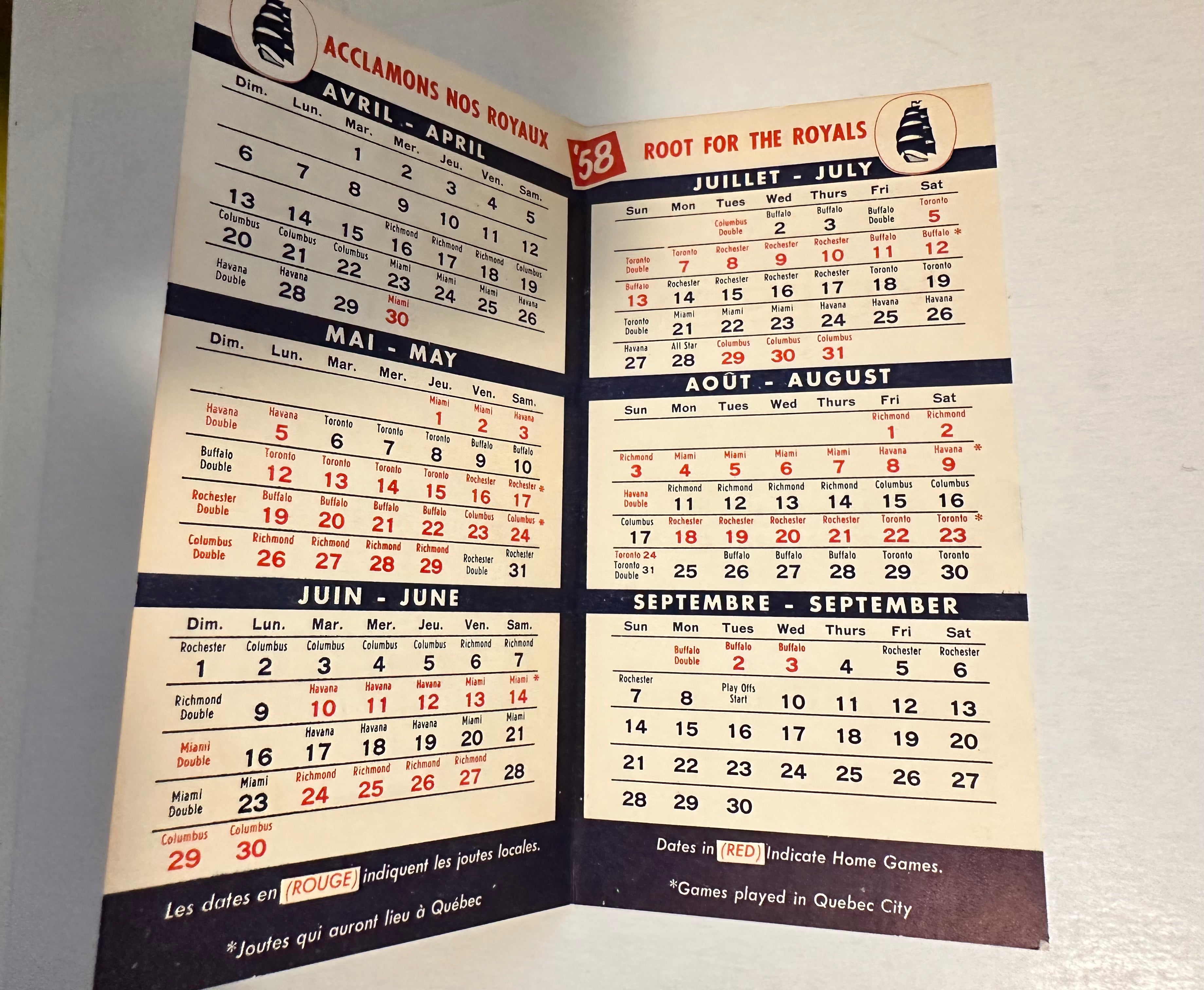 Vintage 1958 Montreal Royals Baseball Schedule - Rare Collectible for Fans & Memorabilia Enthusiasts | Perfect for Display, Gifts & Sports History Collections