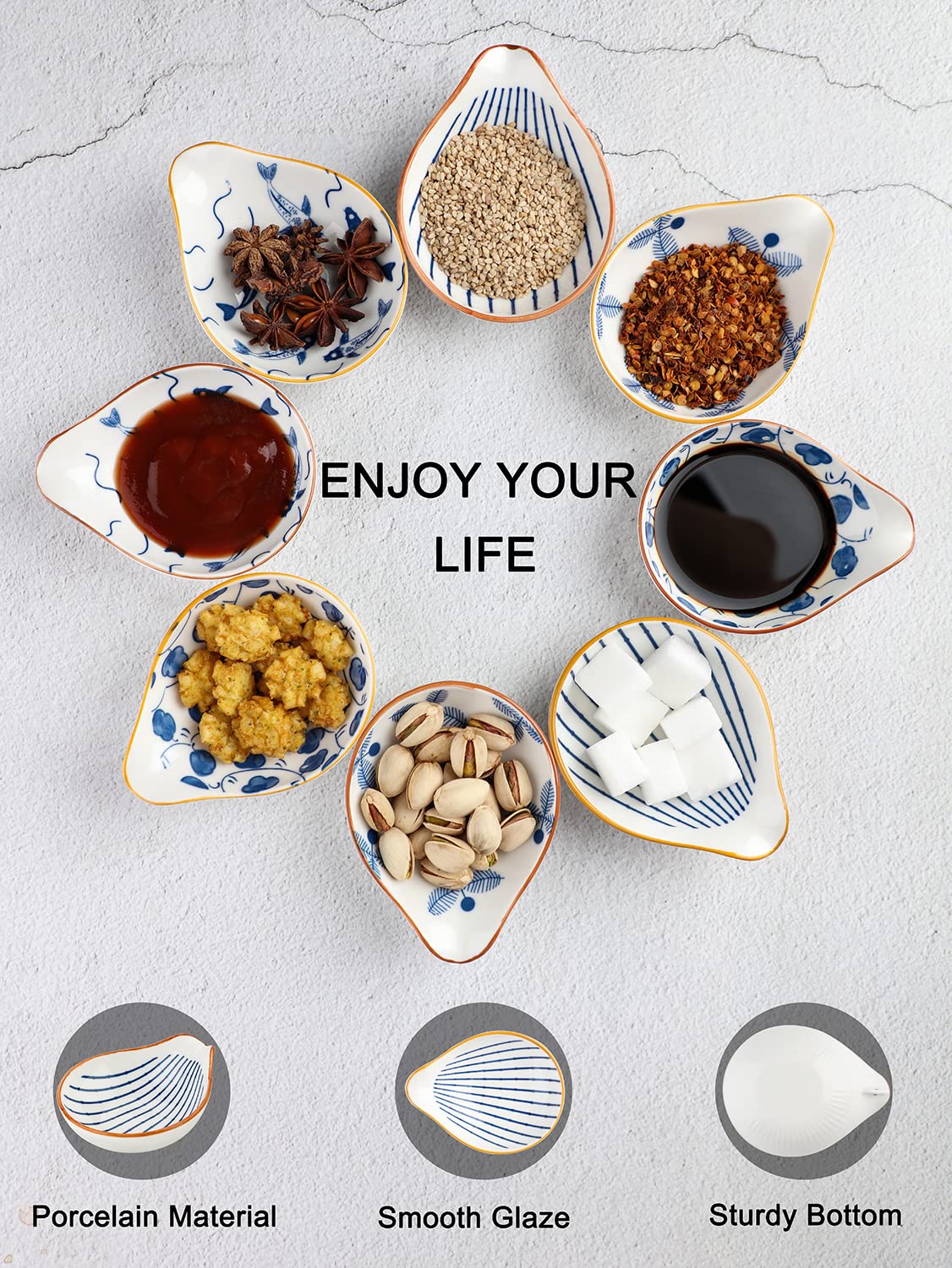 8-Piece Ceramic Dipping Sauce Bowls Set - Soy Sauce, Condiment & Seasoning Dishes for Sushi, Dumplings & Appetizers | Elegant Side Dishes for Asian Cuisine & Party Platters