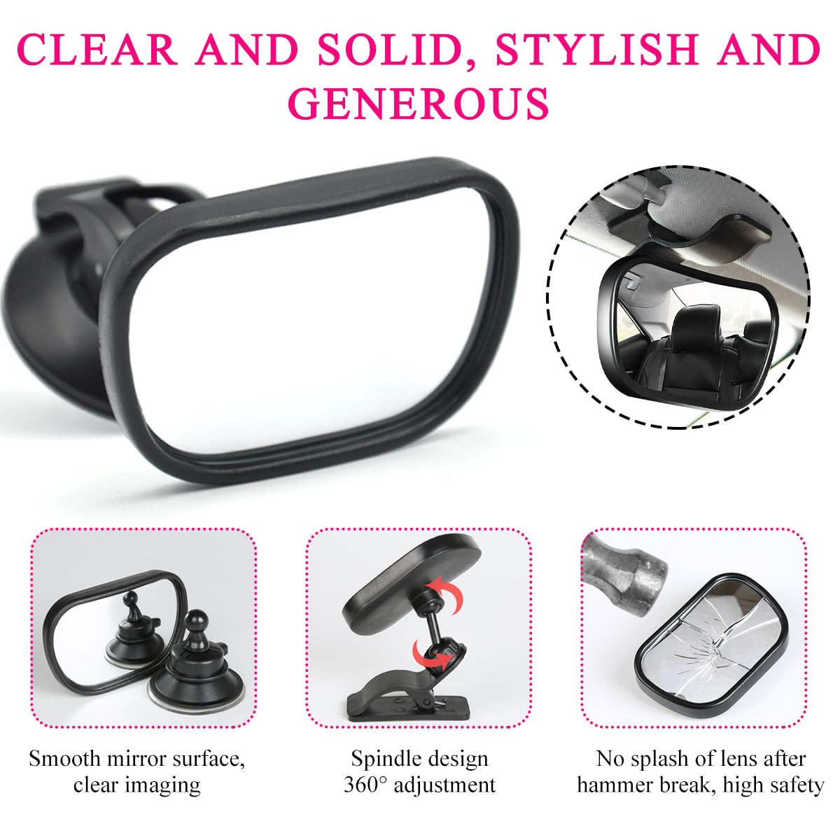 Baby Car Mirror - Shatter-Proof Backseat Rear Facing Mirror for Infant Safety, 360° Rotating Clear View Car Accessory for Windshield & Sun Visor | Perfect for Parents to Monitor Baby While Driving