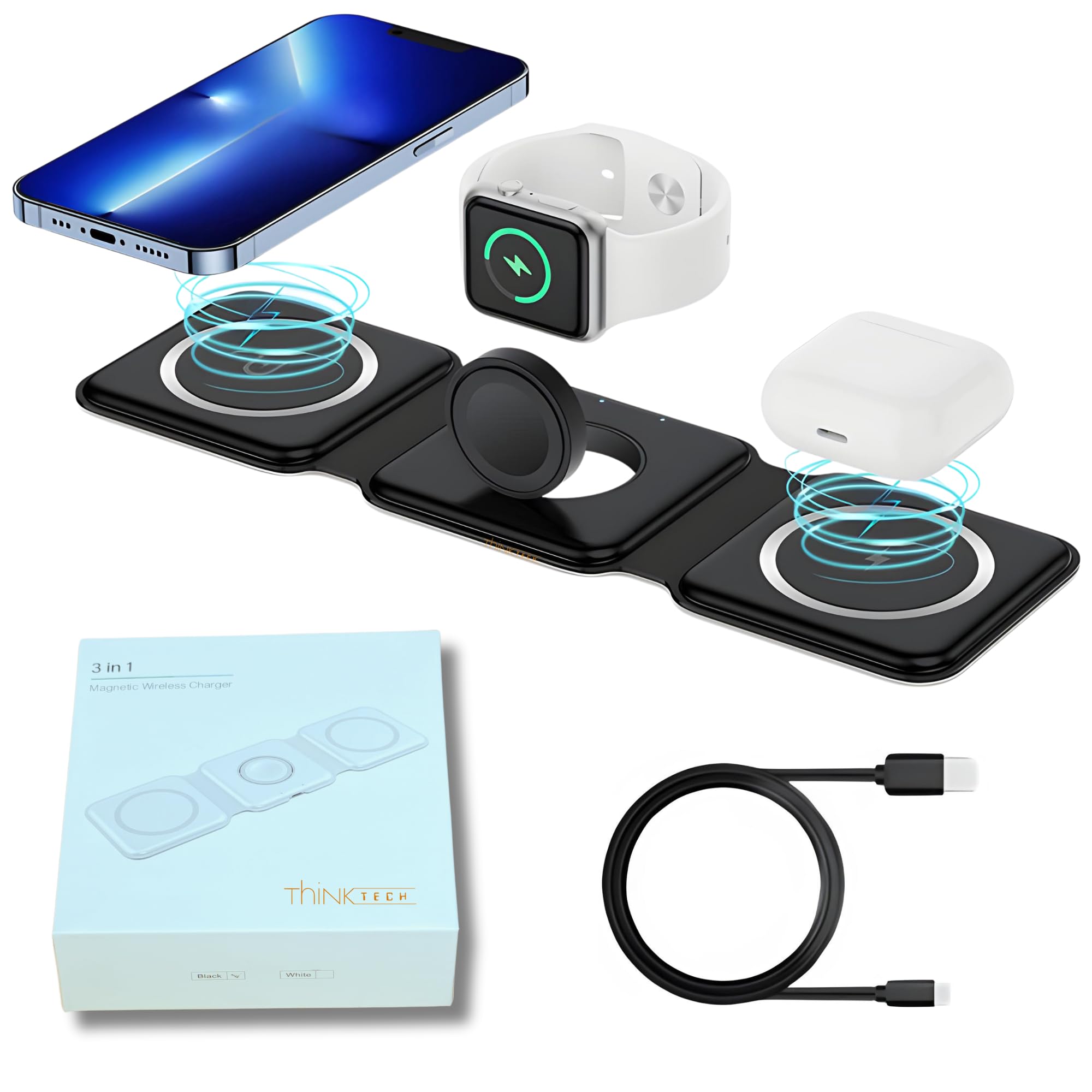 3-in-1 Wireless Charger for iPhone AirPods Watch | Portable Qi Charging Station | Office & Bedside Use