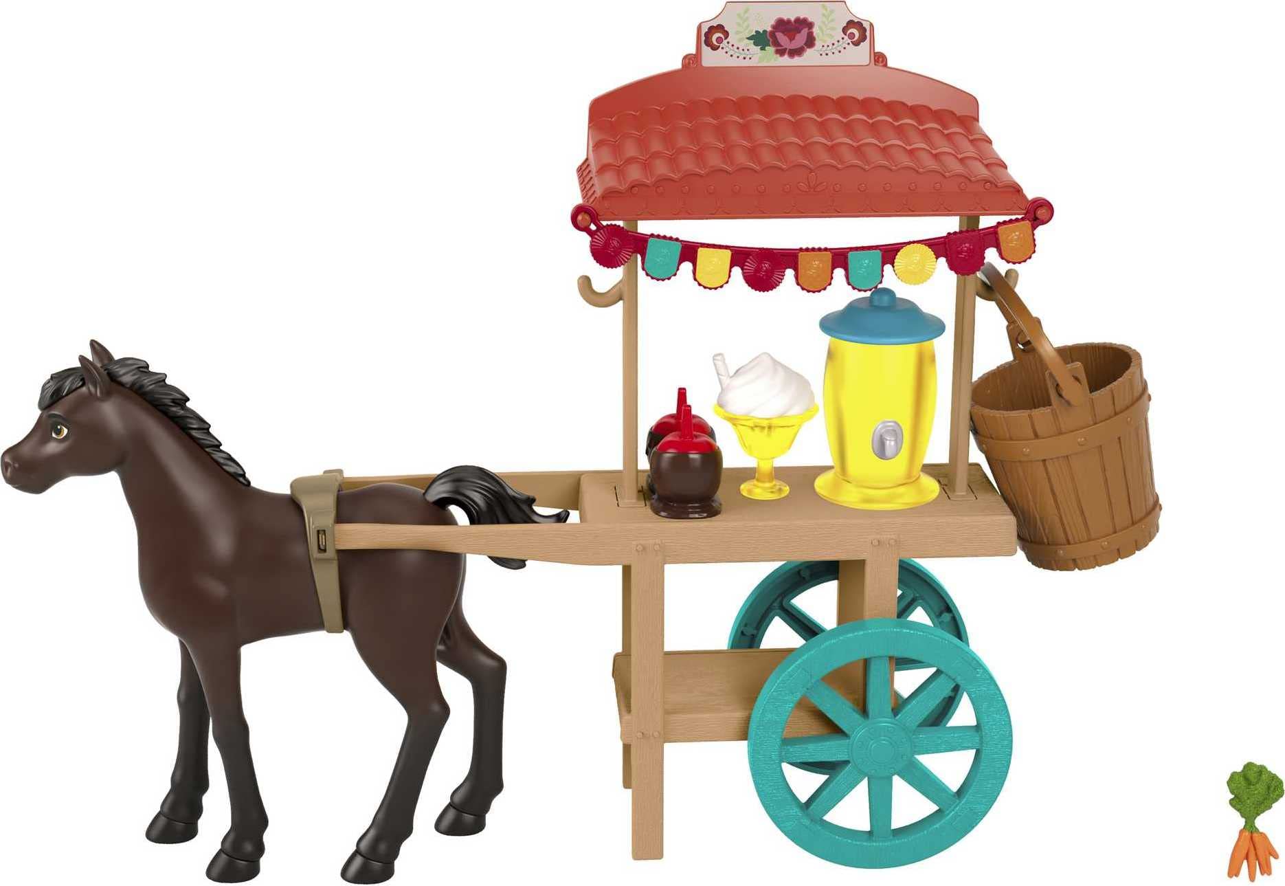 Mattel Spirit Untamed Miradero Snack Cart Toy with Rolling Wheels & Canopy - Includes 5-in Pony & Accessories - Perfect Gift for Kids Ages 3+ (Pink) - Ideal for Pretend Play, Outdoor Adventures & Birthday Presents