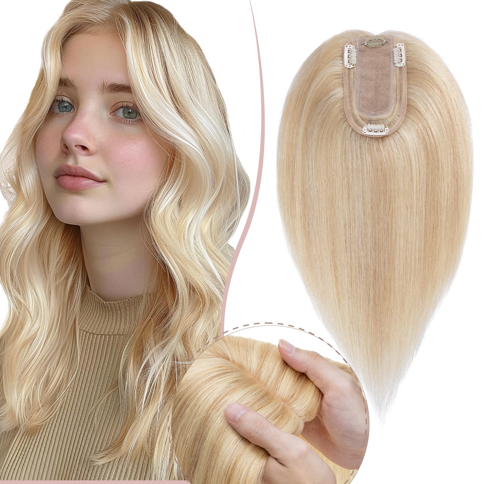 14 Inch Human Hair Topper for Women - No Bangs Real Human Hair Topper for Thinning Hair #18P613 Camel Mixed Light Gold | Perfect for Daily Wear, Special Occasions & Hair Volume Enhancement